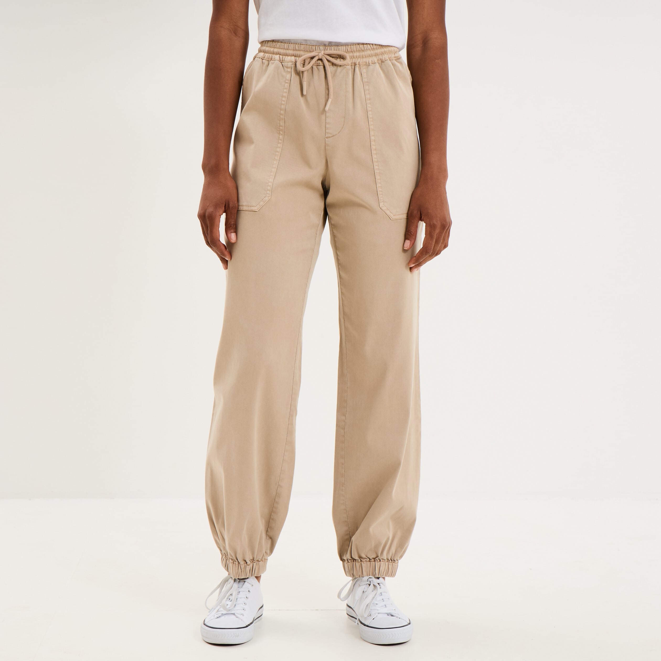 Pantalon molleton cargo droit cropped beige femme