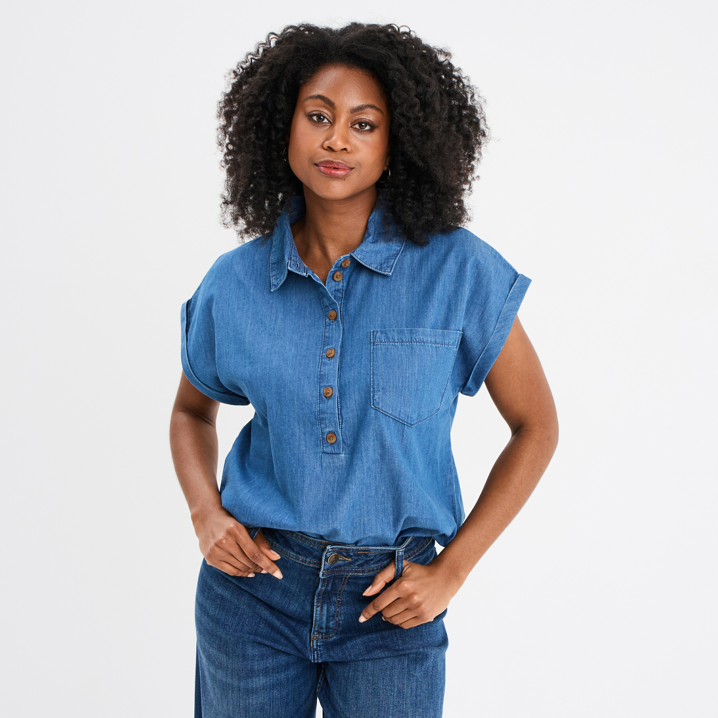 blouse manches courtes en jean denim double stone femme Blouse manches courtes en jean denim double stone femme