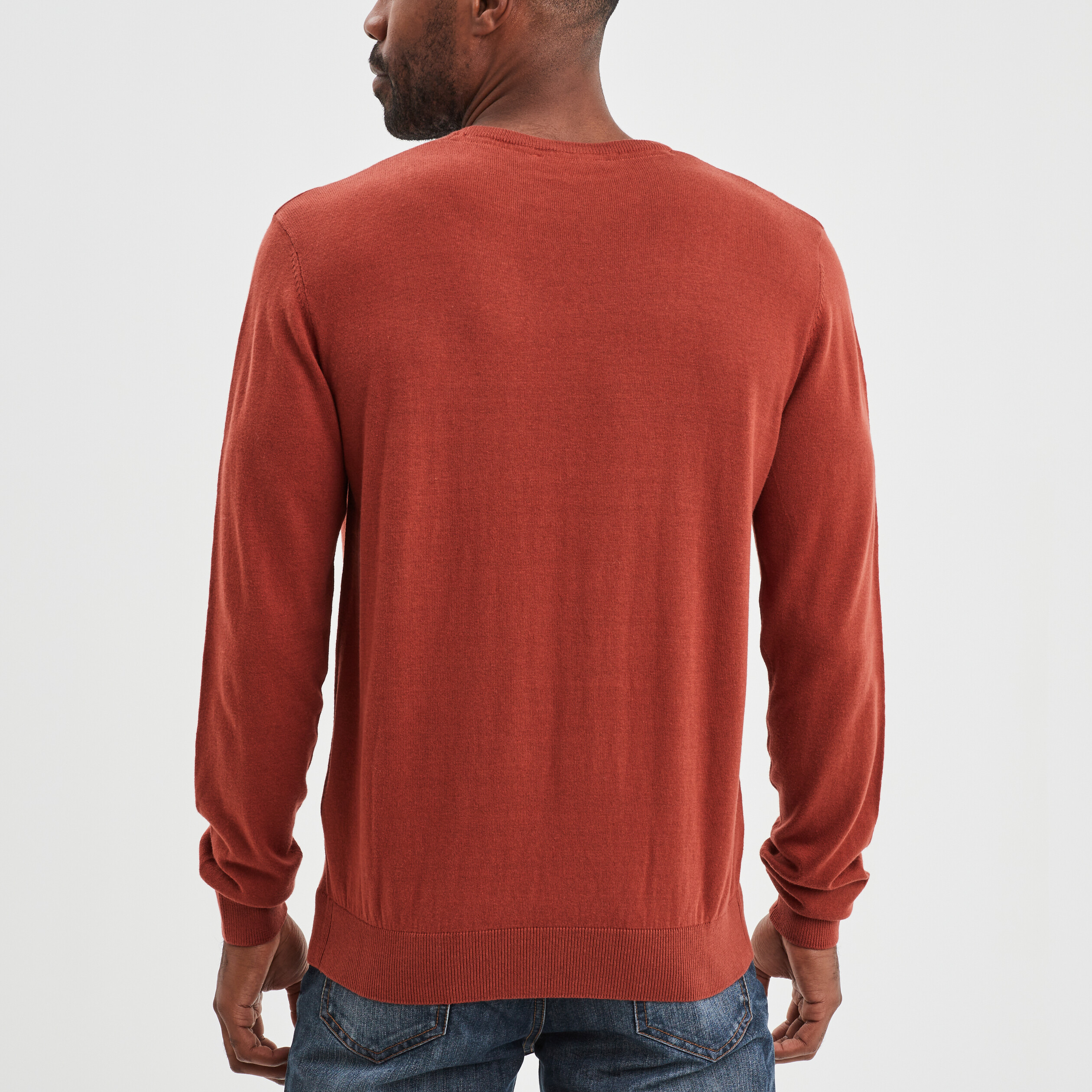 pull droit col rond coton melange marron cognac homme Pull droit col rond coton mélangé marron cognac homme