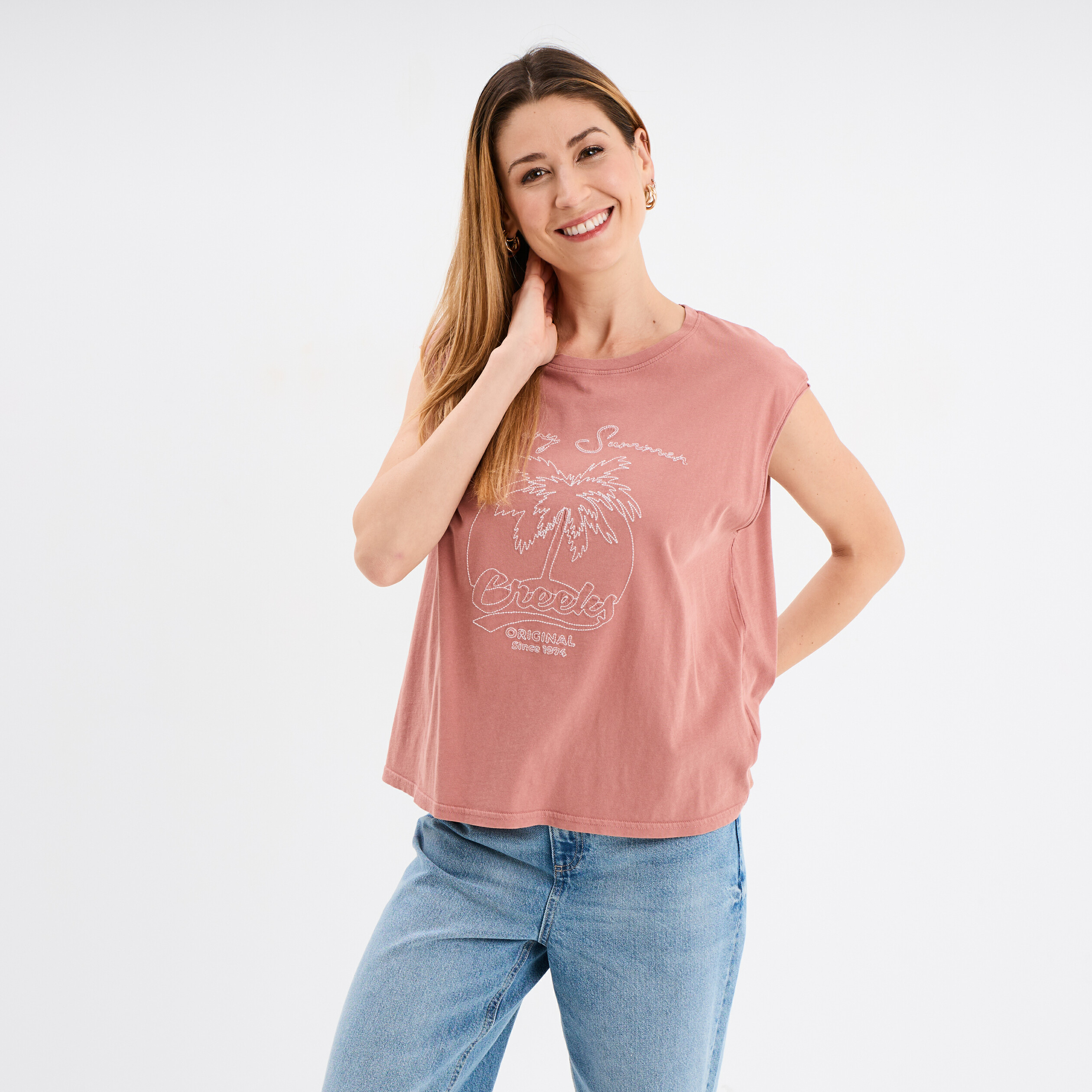debardeur brode coton vieux rose femme Débardeur brodé coton vieux rose femme