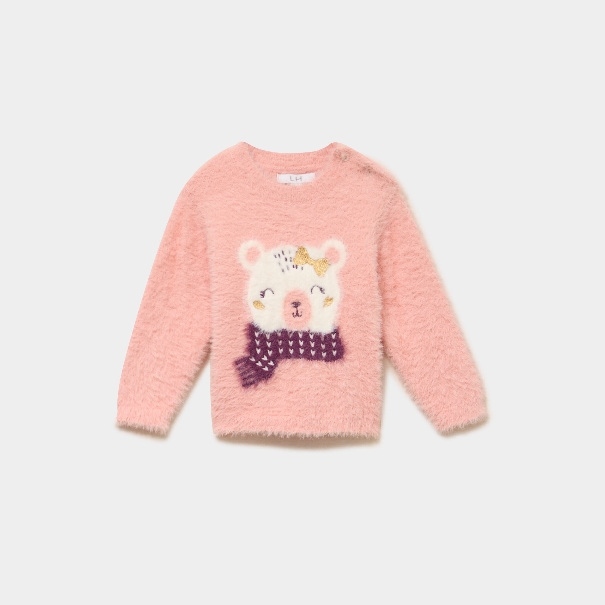 Pull effet duveteux &agrave; &eacute;paule boutonn&eacute;e rose poudr&eacute;e b&eacute;b&eacute; fille