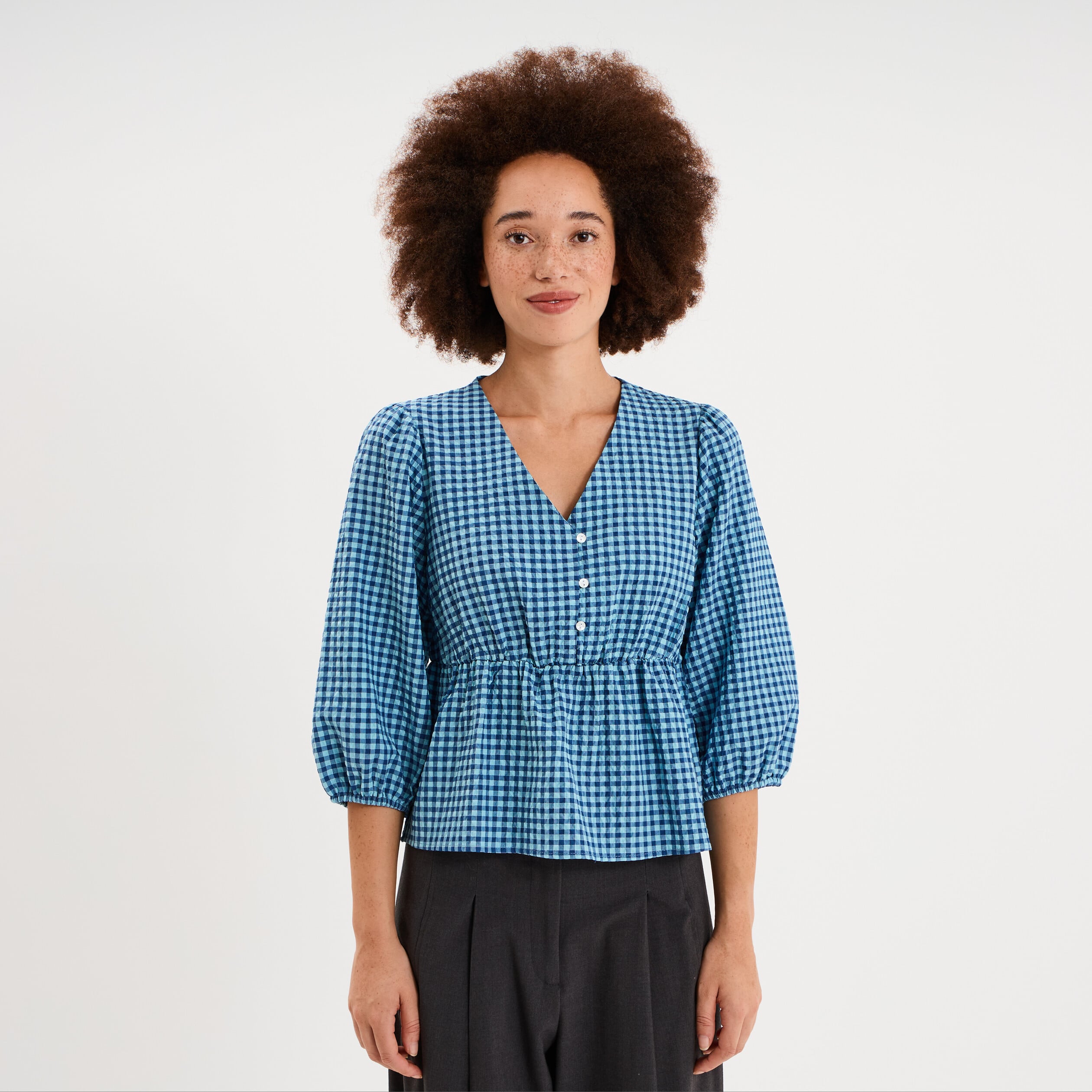 Blouse cintr&eacute;e col V manches 3/4 blanc femme