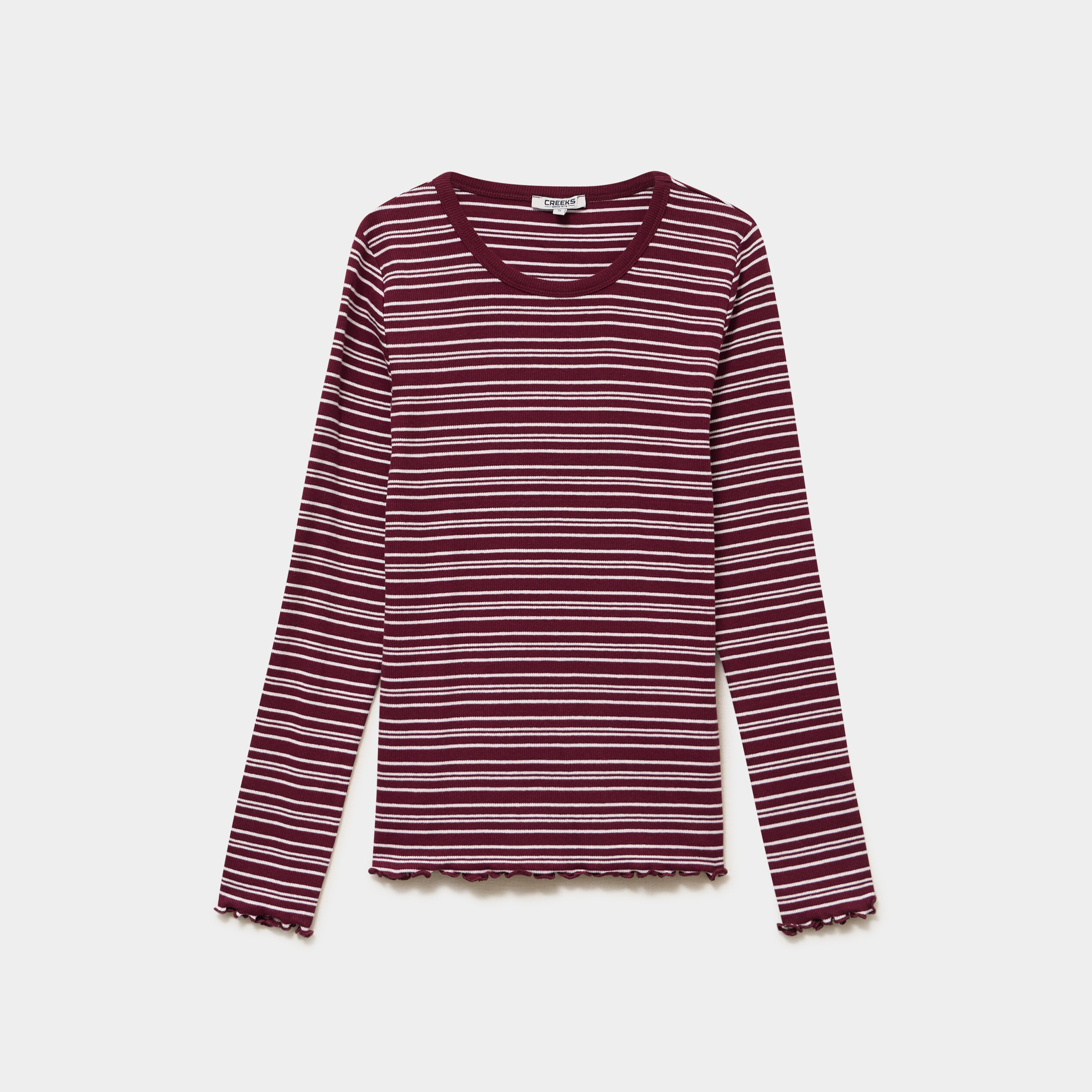 T-shirt ajust&eacute; col rond manches longues bordeaux femme