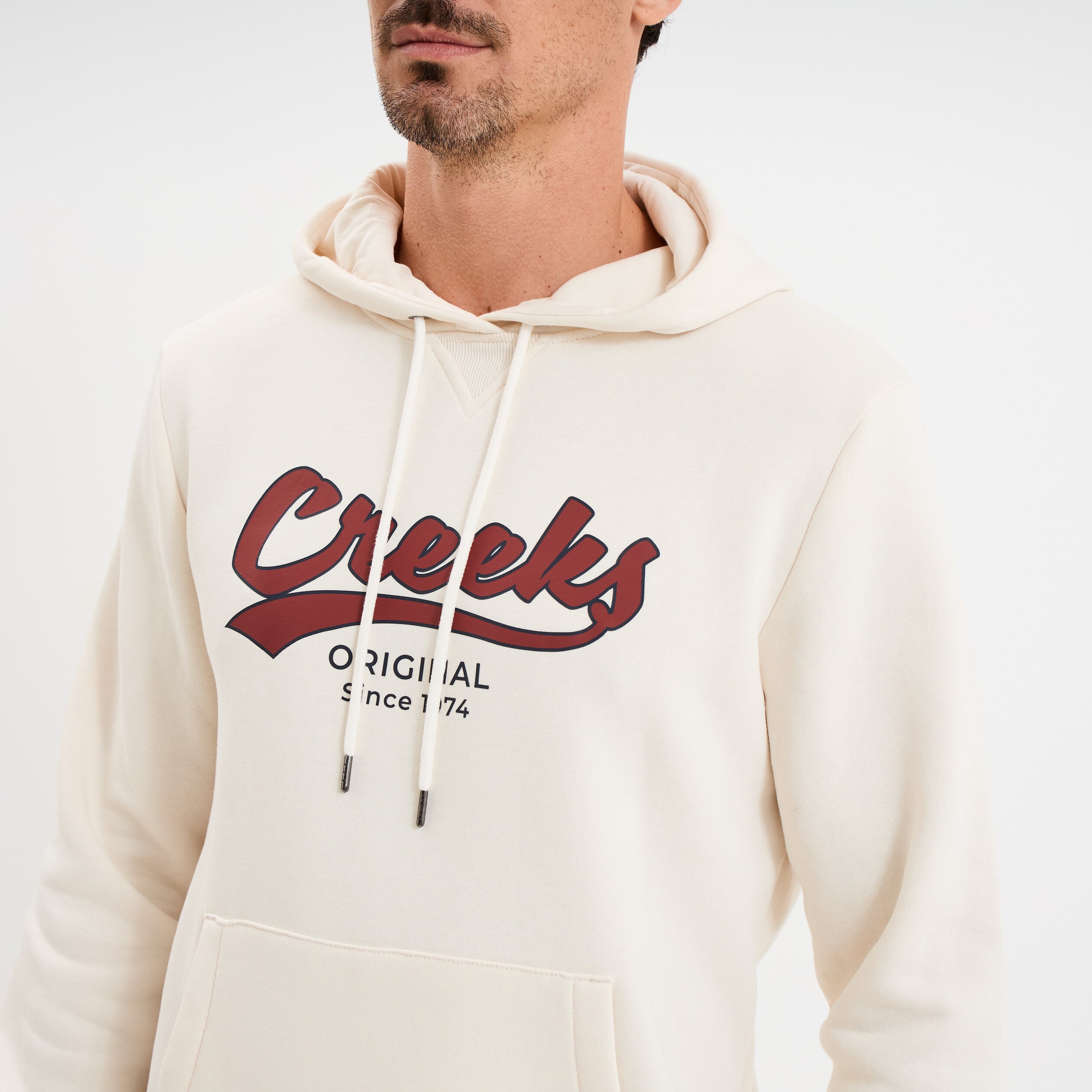 Sweat hoodie &agrave; capuche molleton 1 poche ecru homme