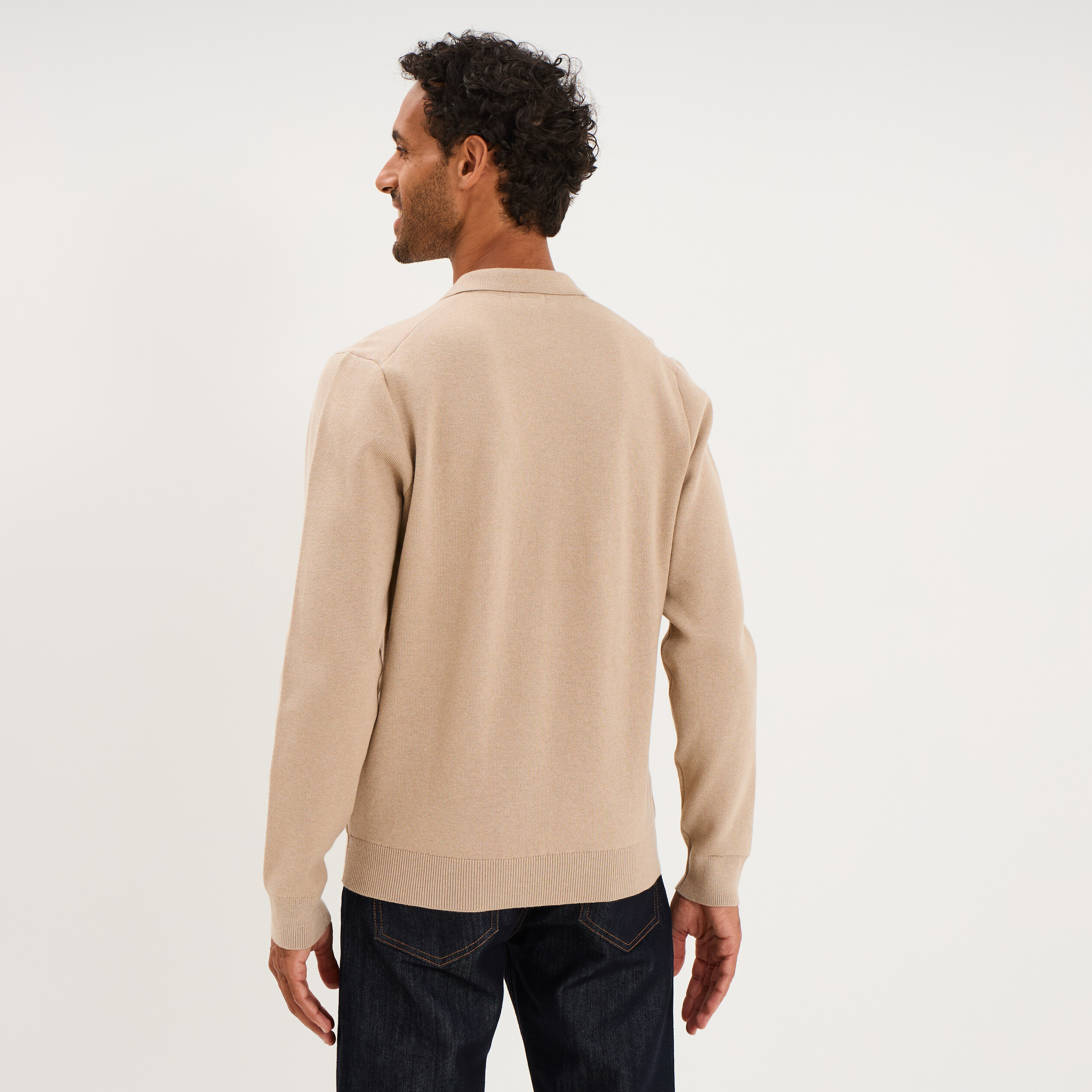 Pull col polo manches longues beige homme