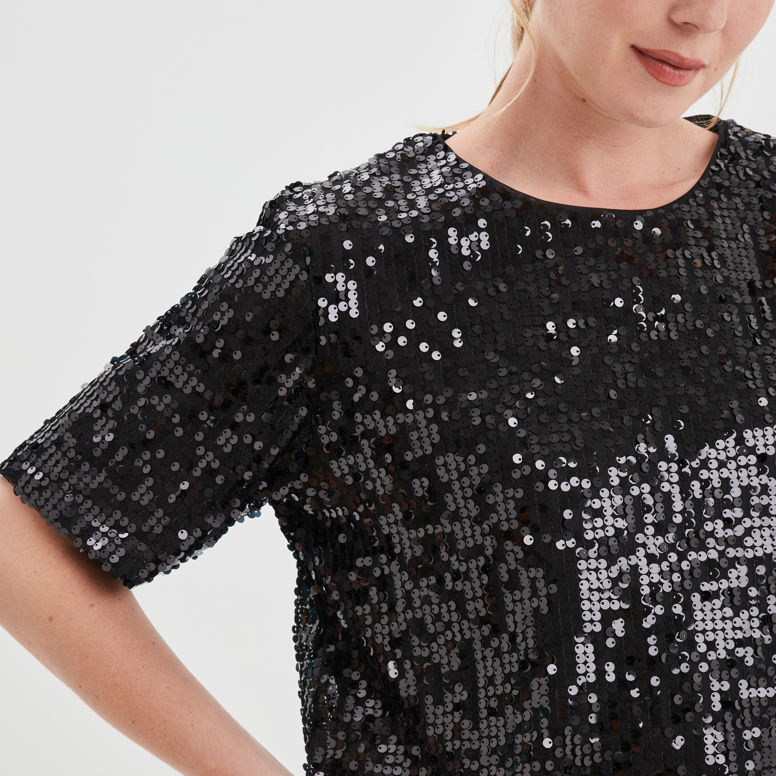 T-shirt à sequins manches courtes droit noir femme