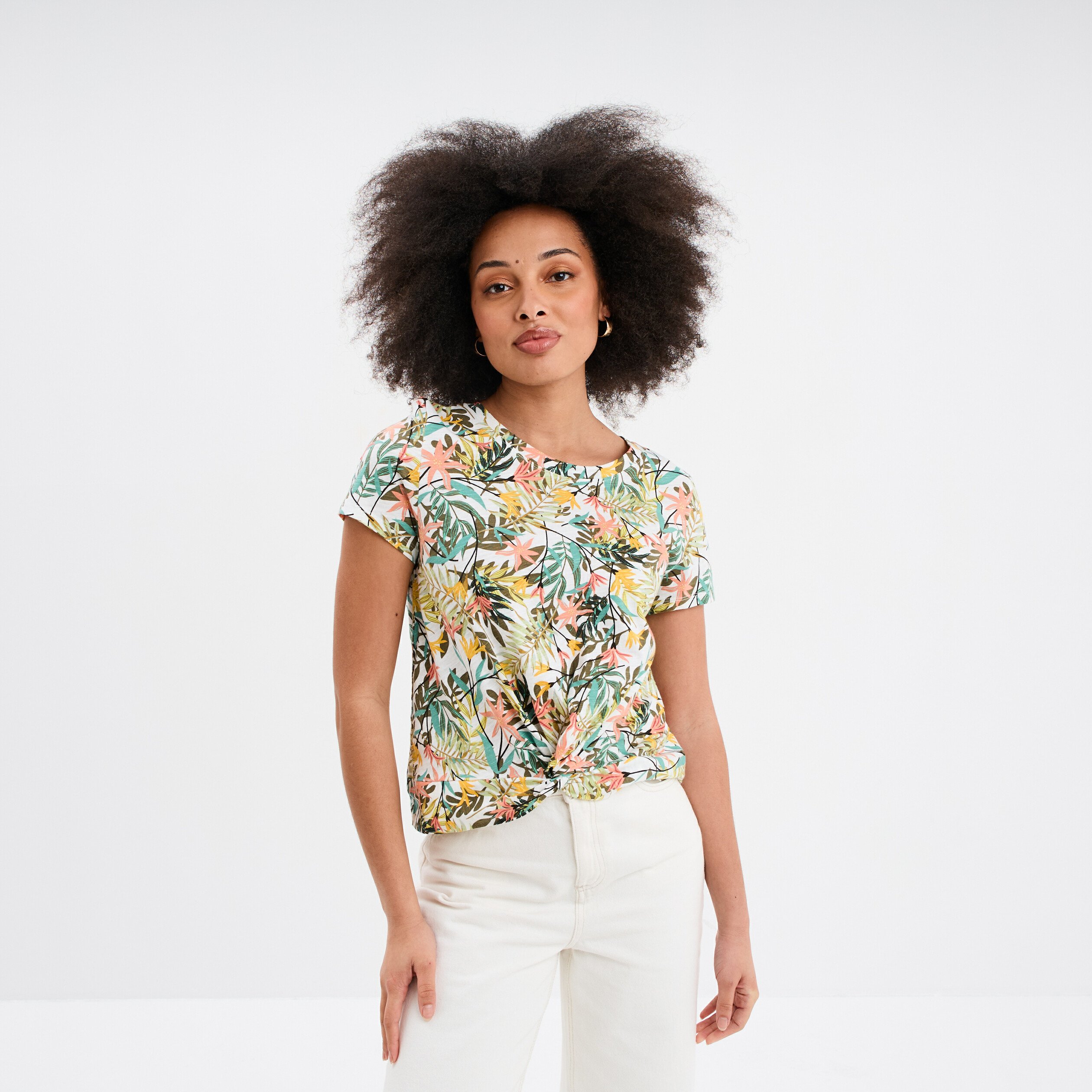 t shirt taille effet noue coton blanc femme T-shirt taille effet noué coton blanc femme