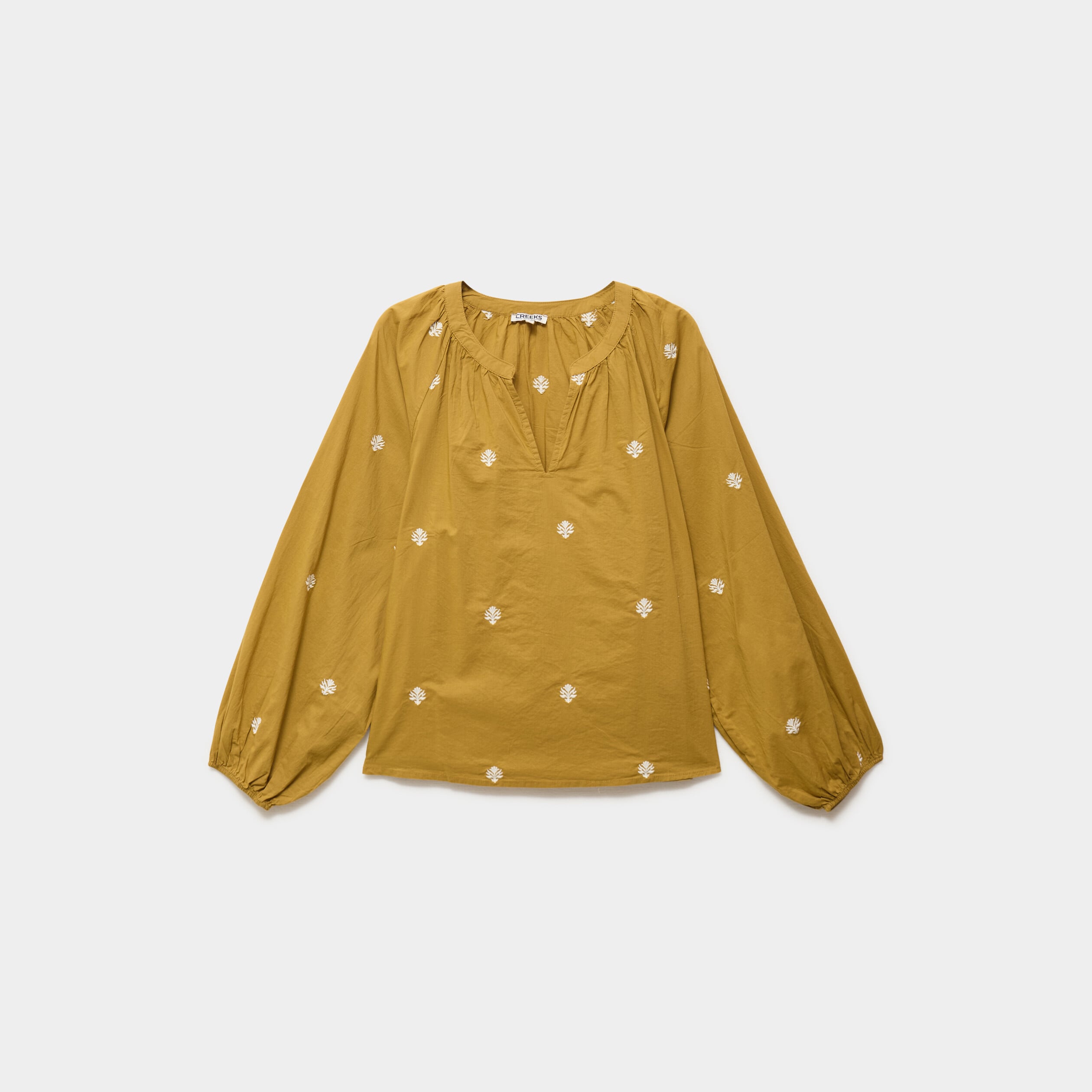Blouse brod&eacute;e col tunisien coton vert olive femme