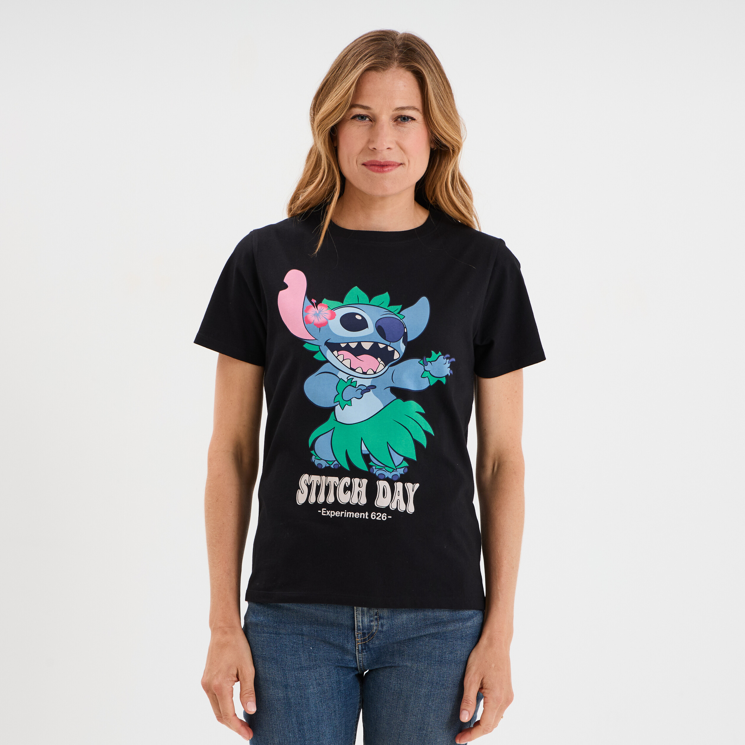 T-shirt manches courtes coton Stitch noir femme
