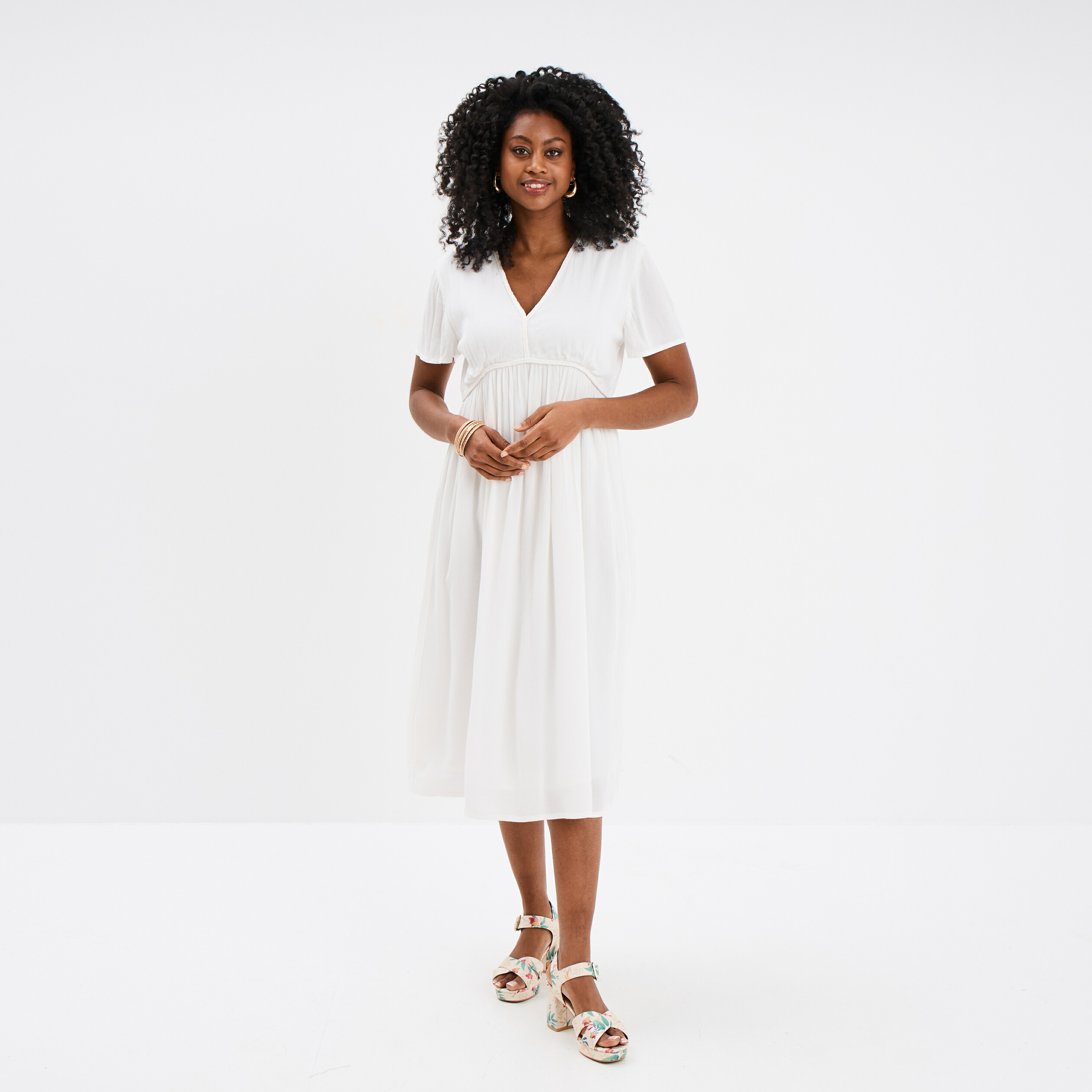 Robe longue fluide manches courtes blanc femme