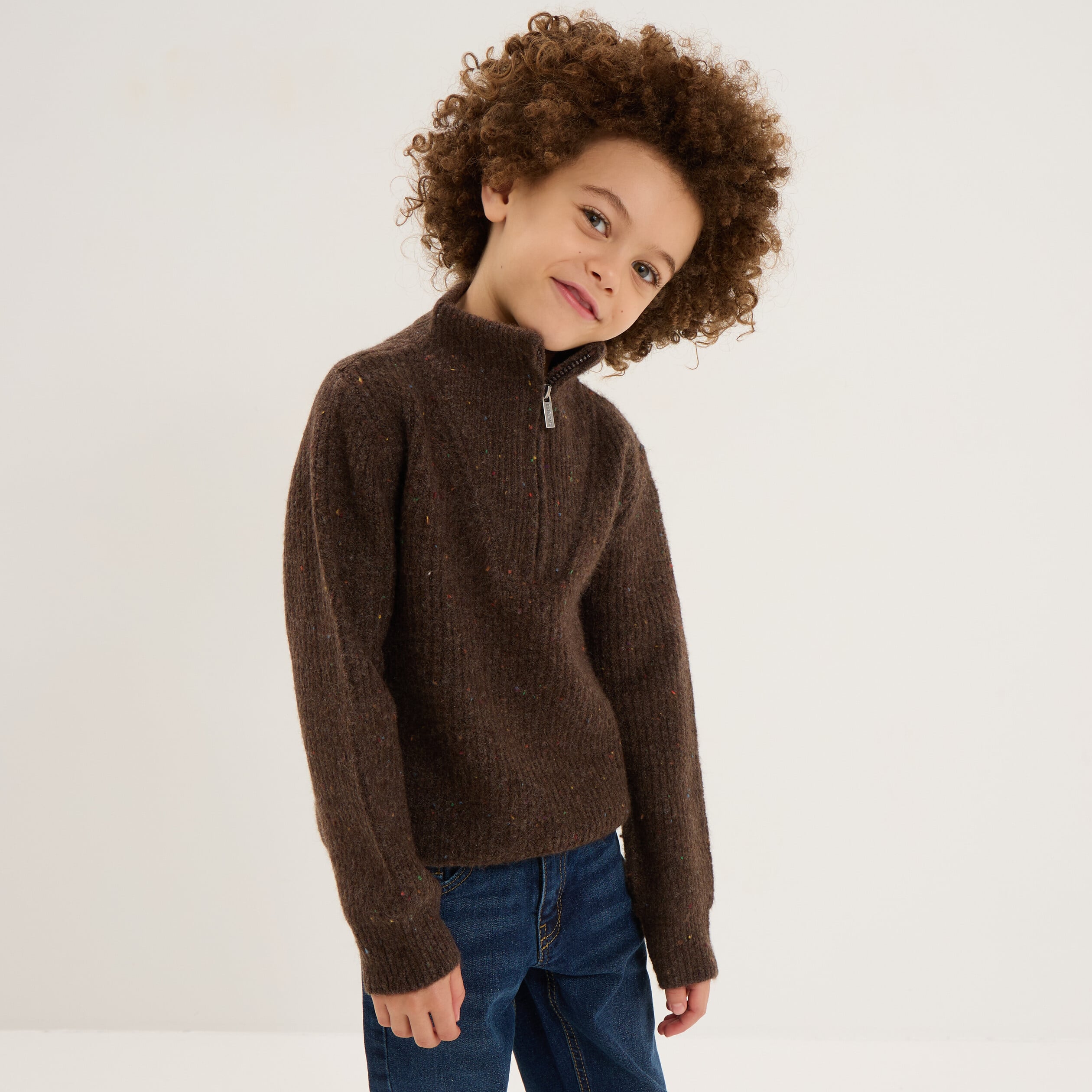Pull camionneur col zipp&eacute; marron gar&ccedil;on
