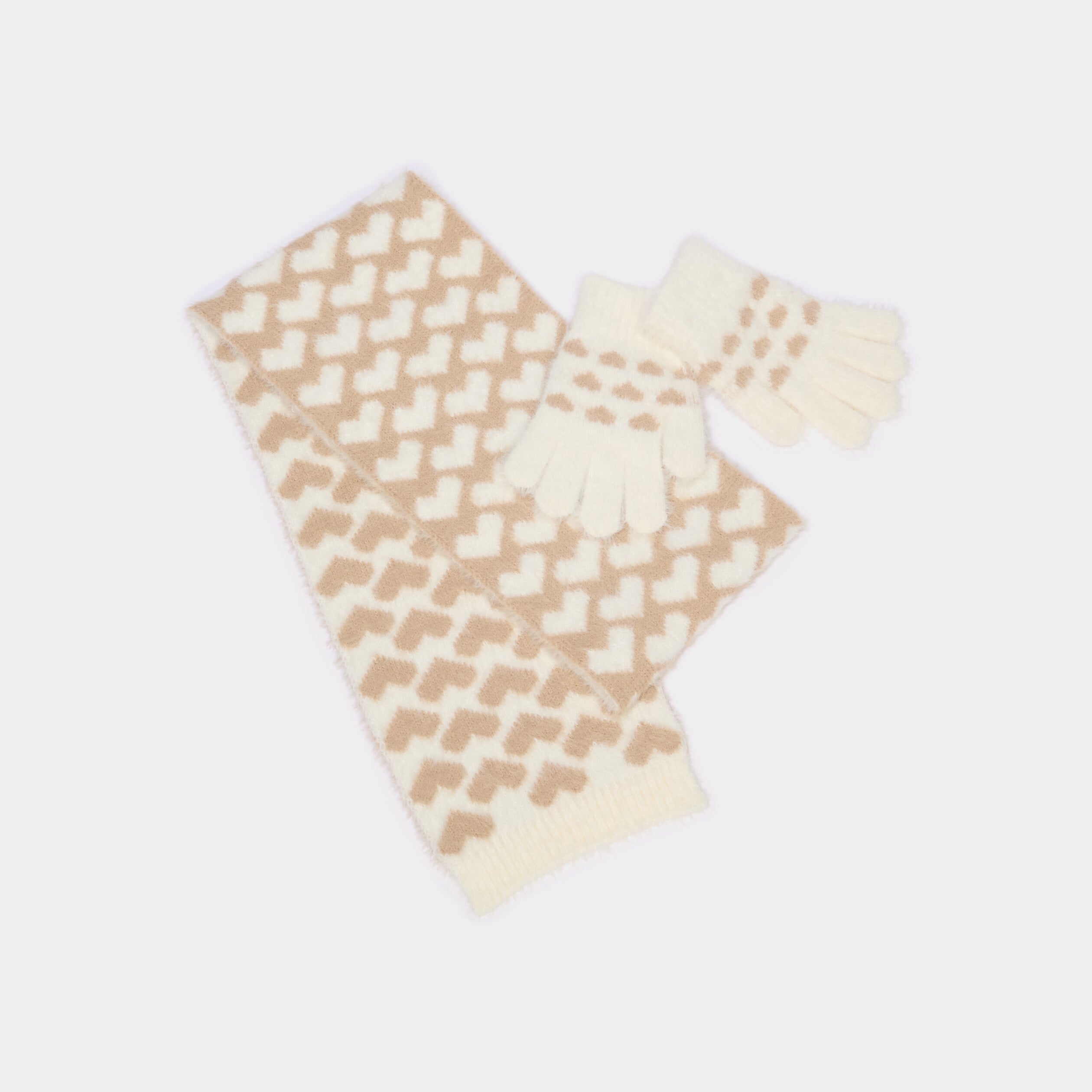 Ensemble &eacute;charpe, bonnet et gants sable fille