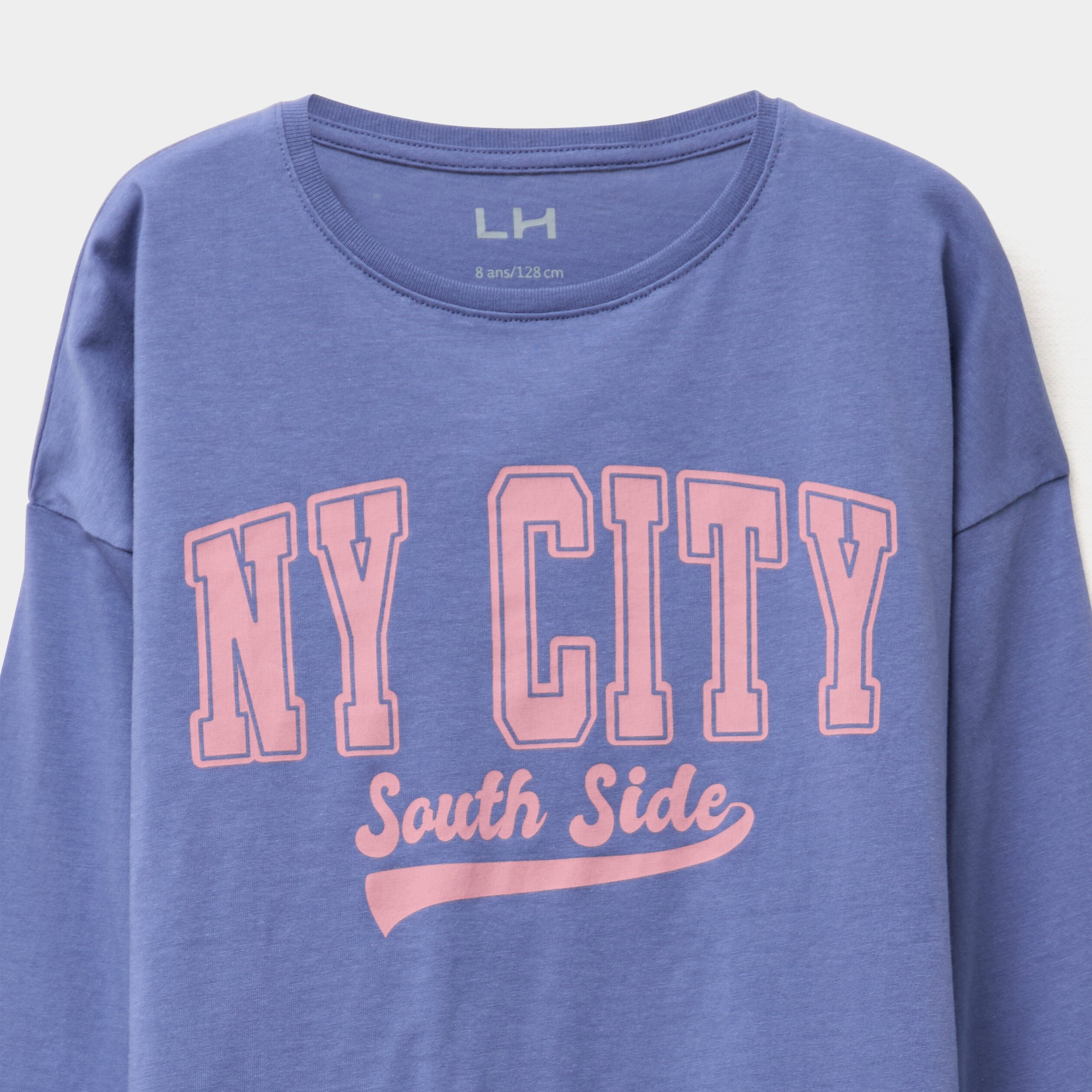 T-shirt col rond manches longues coton bleu gris fille