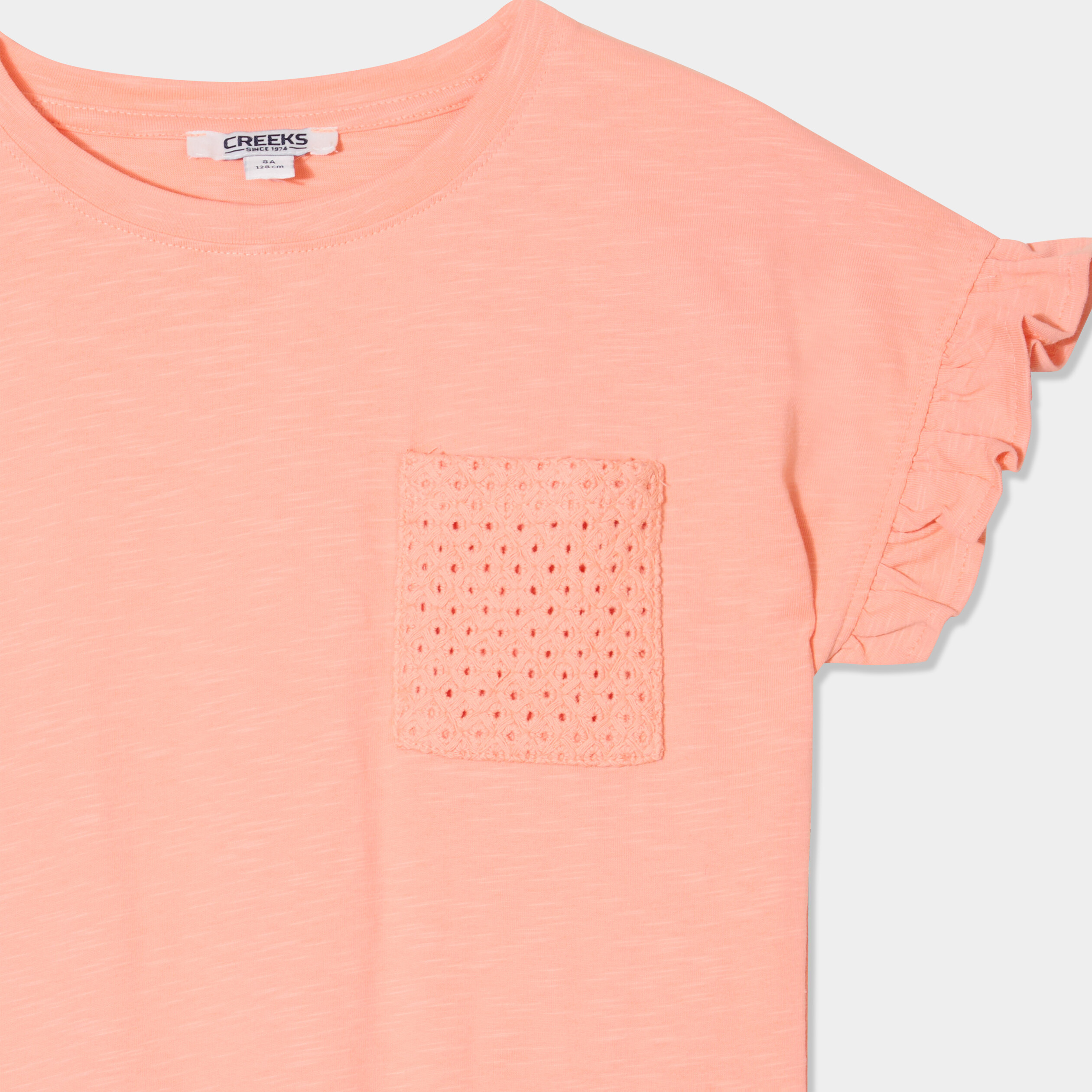 t shirt poche broderie anglaise coton rose saumon fille T-shirt poche broderie anglaise coton rose saumon fille