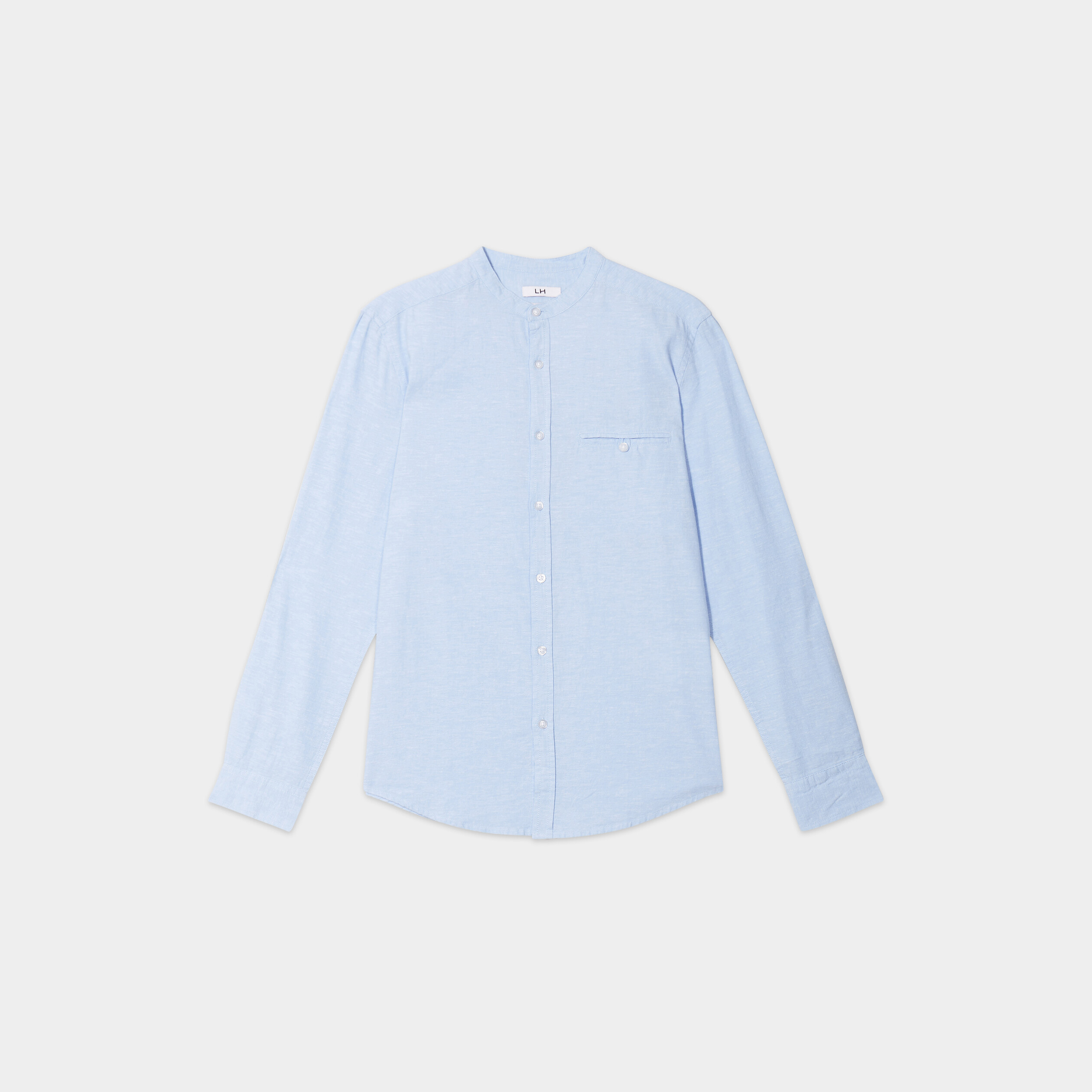 chemise col mao lin melange bleu ciel homme Chemise col mao lin mélangé bleu ciel homme