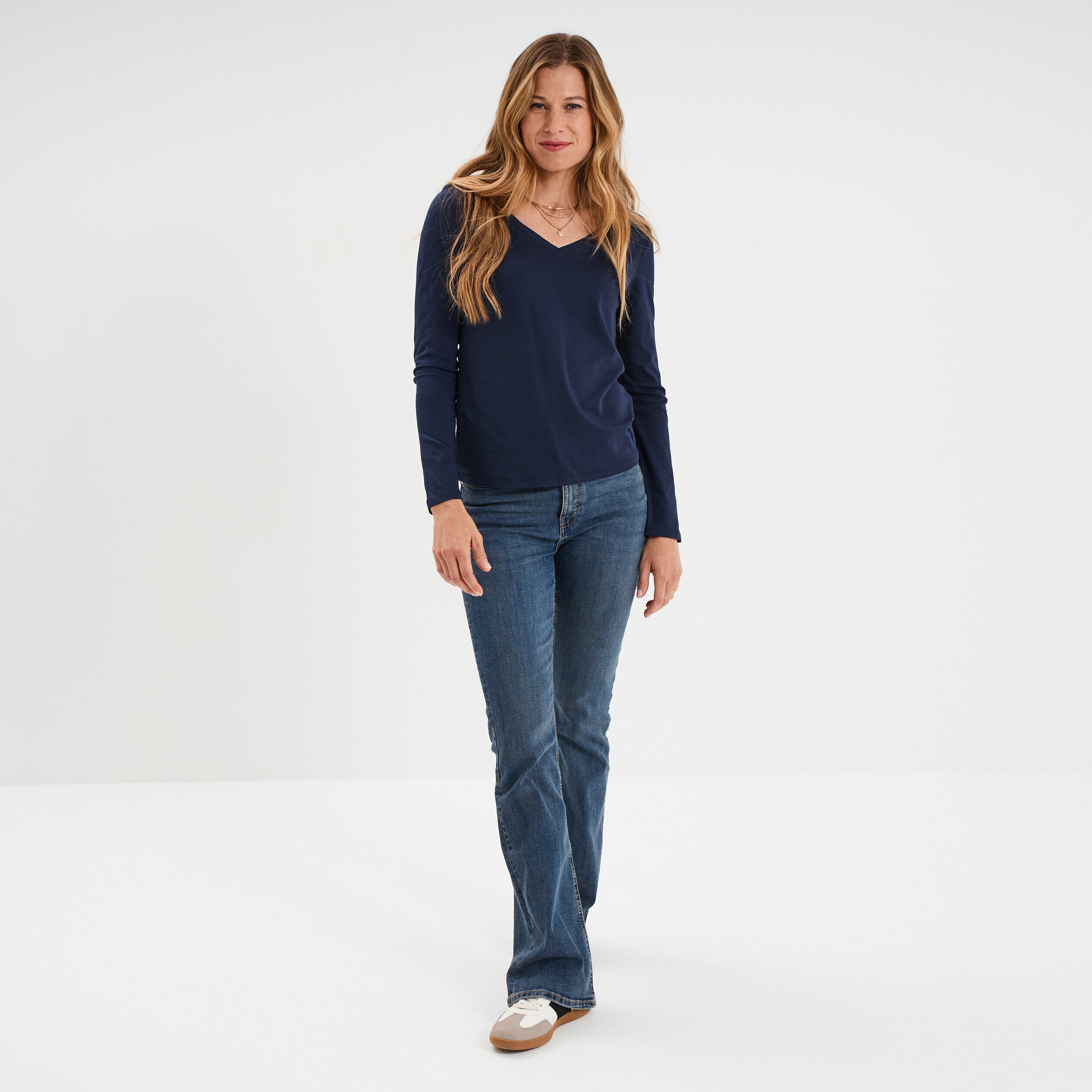 t shirt col en v manches longues coton bleu marine femme T-shirt col en V manches longues coton bleu marine femme