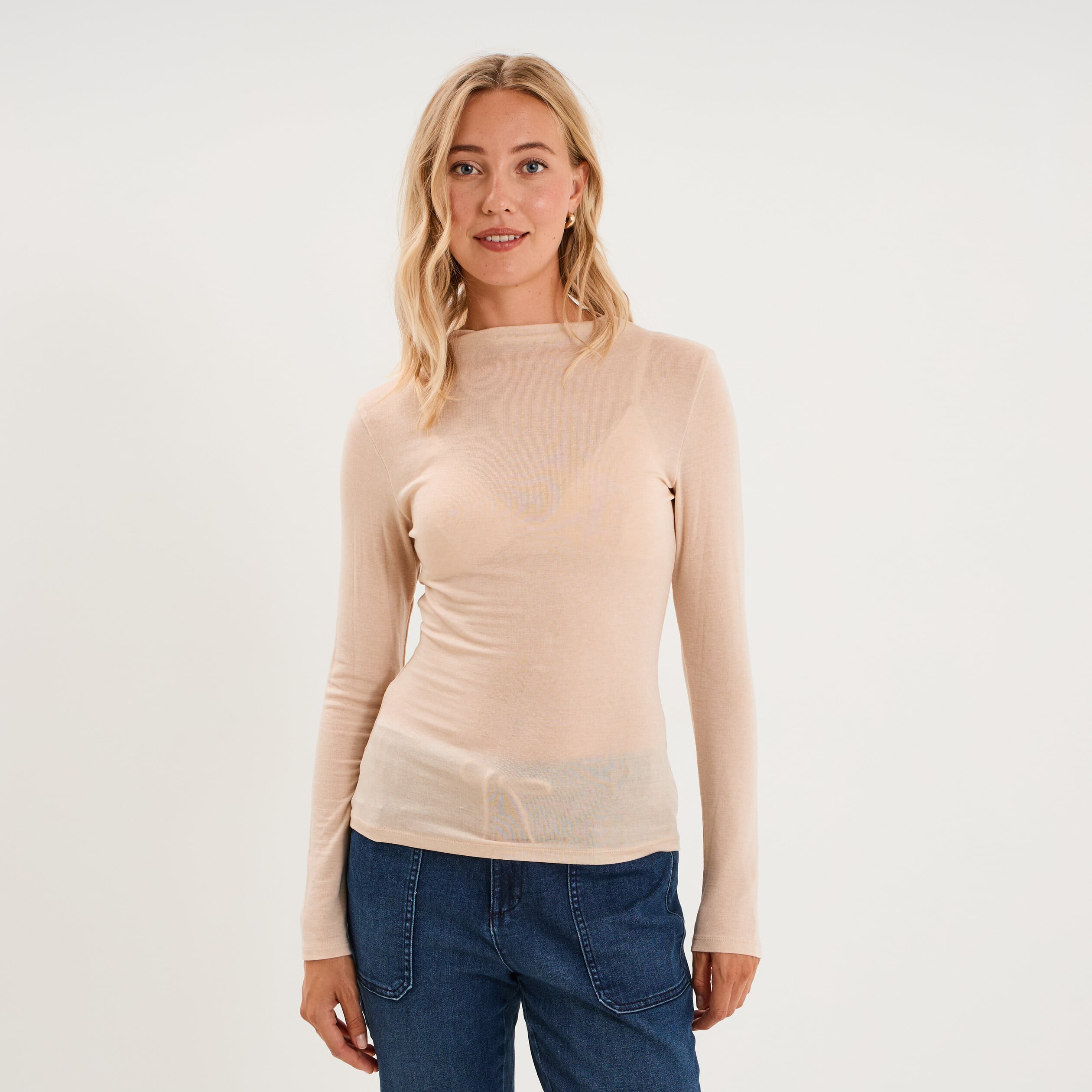 T-shirt cintr&eacute; col montant lyocell beige femme