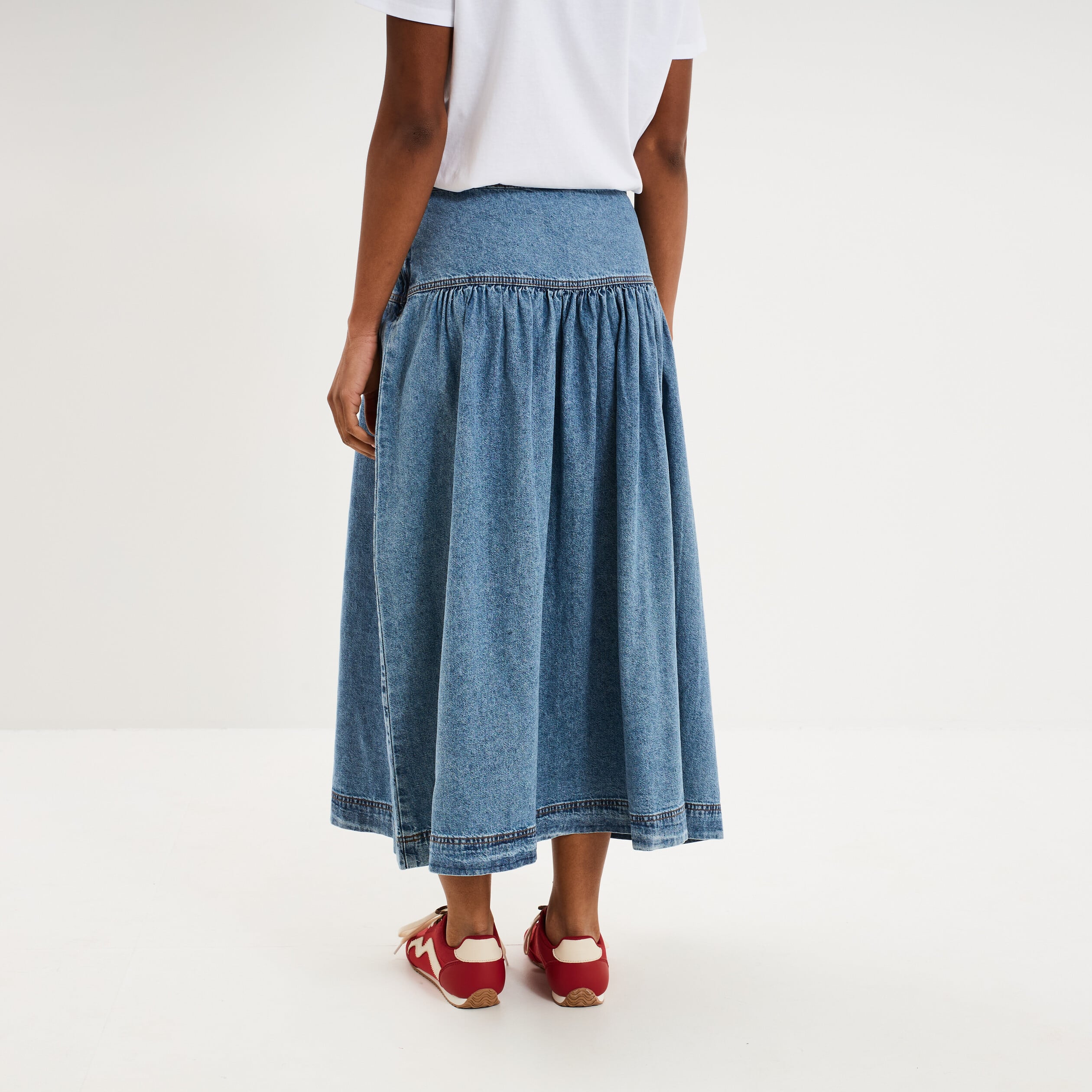 Jupe longue en jean large coton denim stone femme