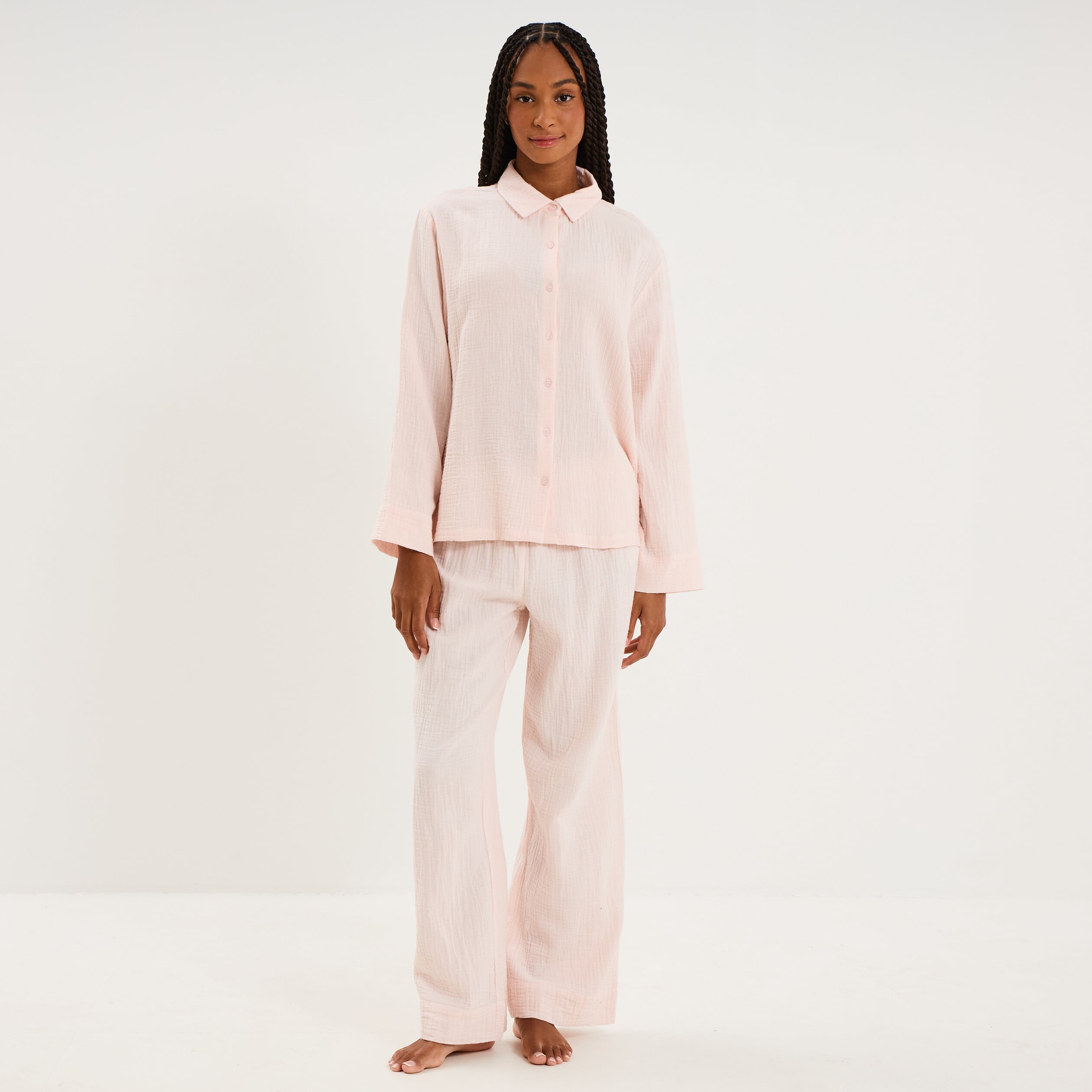 Ensemble pyjama chemise gaze de coton rose clair femme