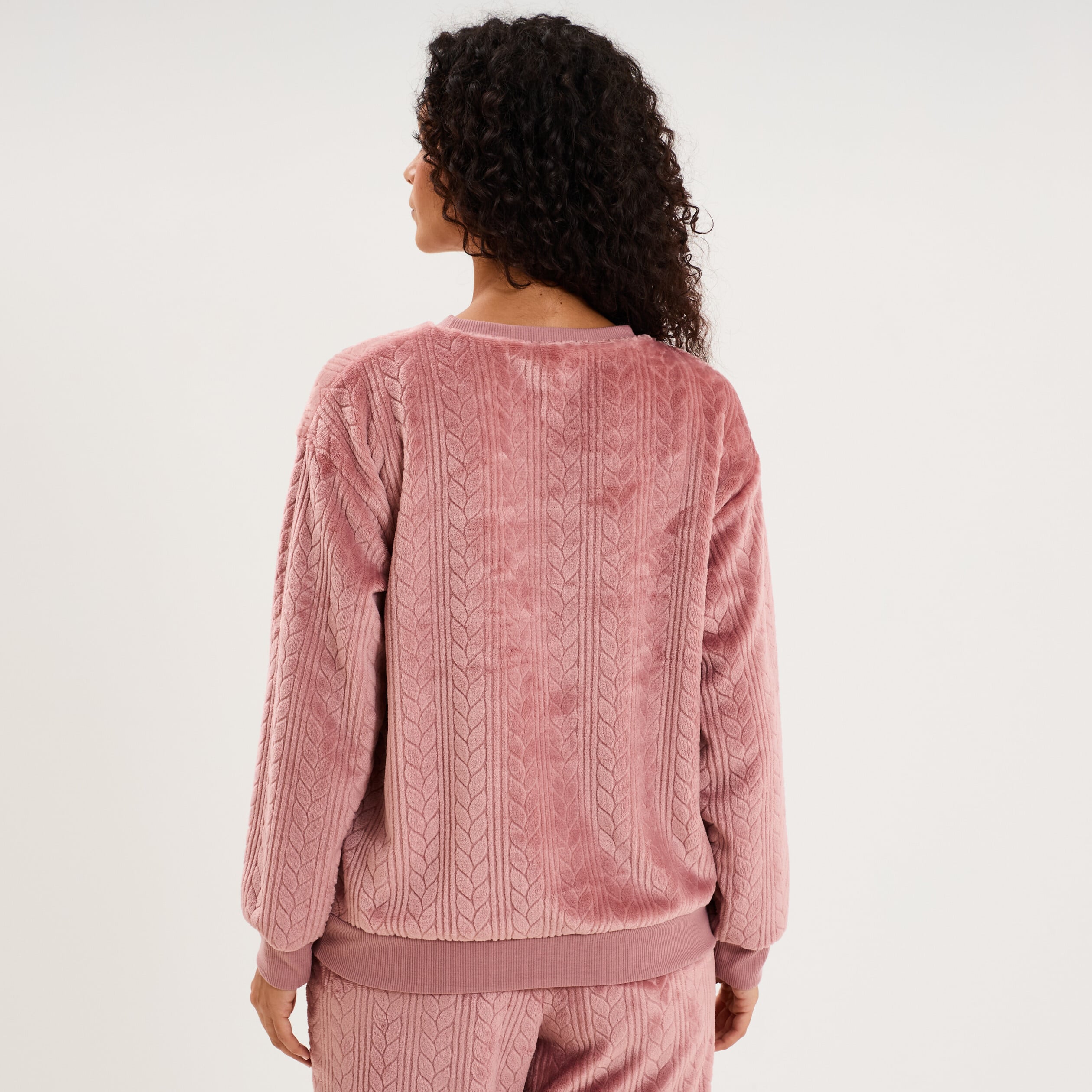 Haut de pyjama sweat polaire torsad&eacute; rose framboise femme
