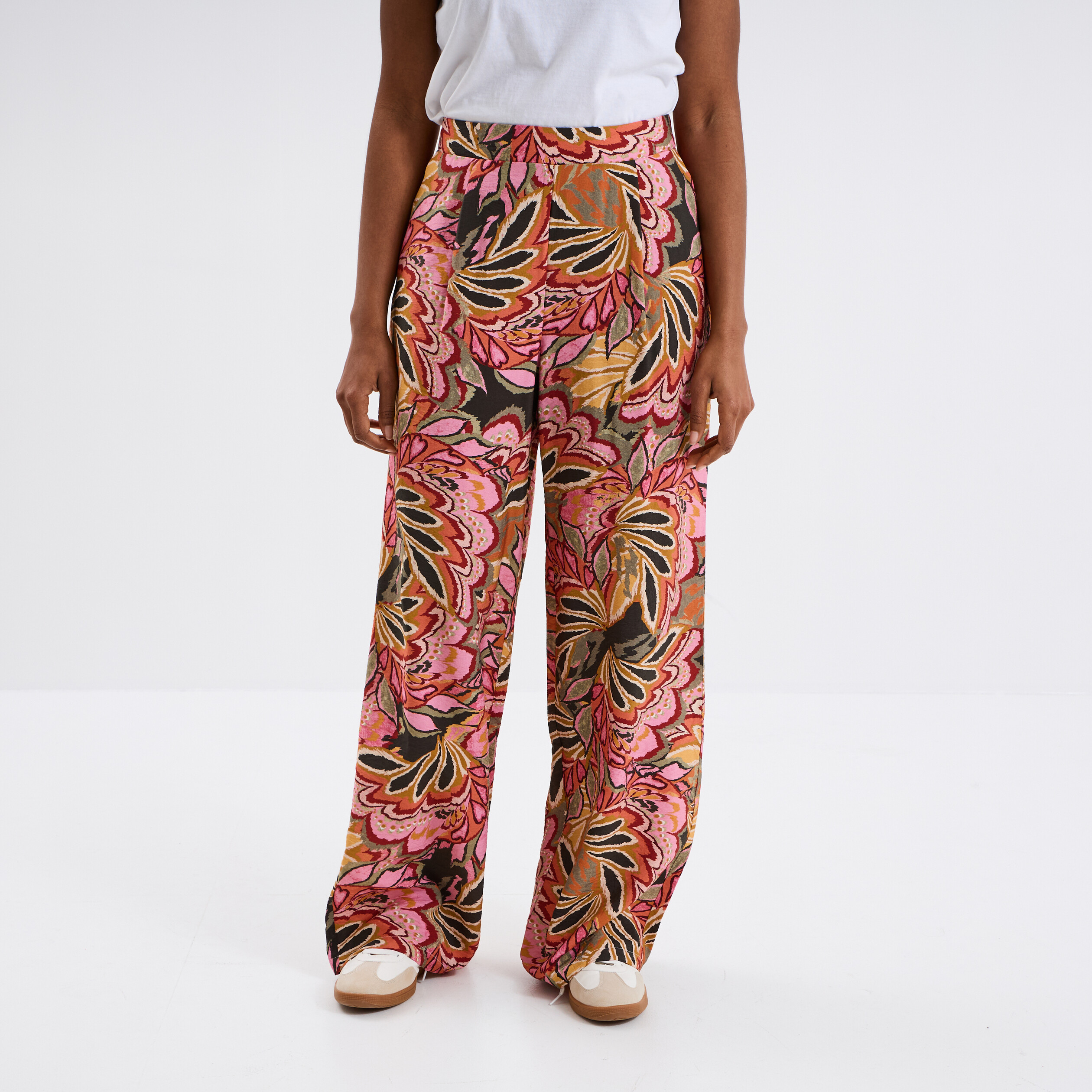pantalon large taille elastiquee multicolore femme Pantalon large taille élastiquée multicolore femme