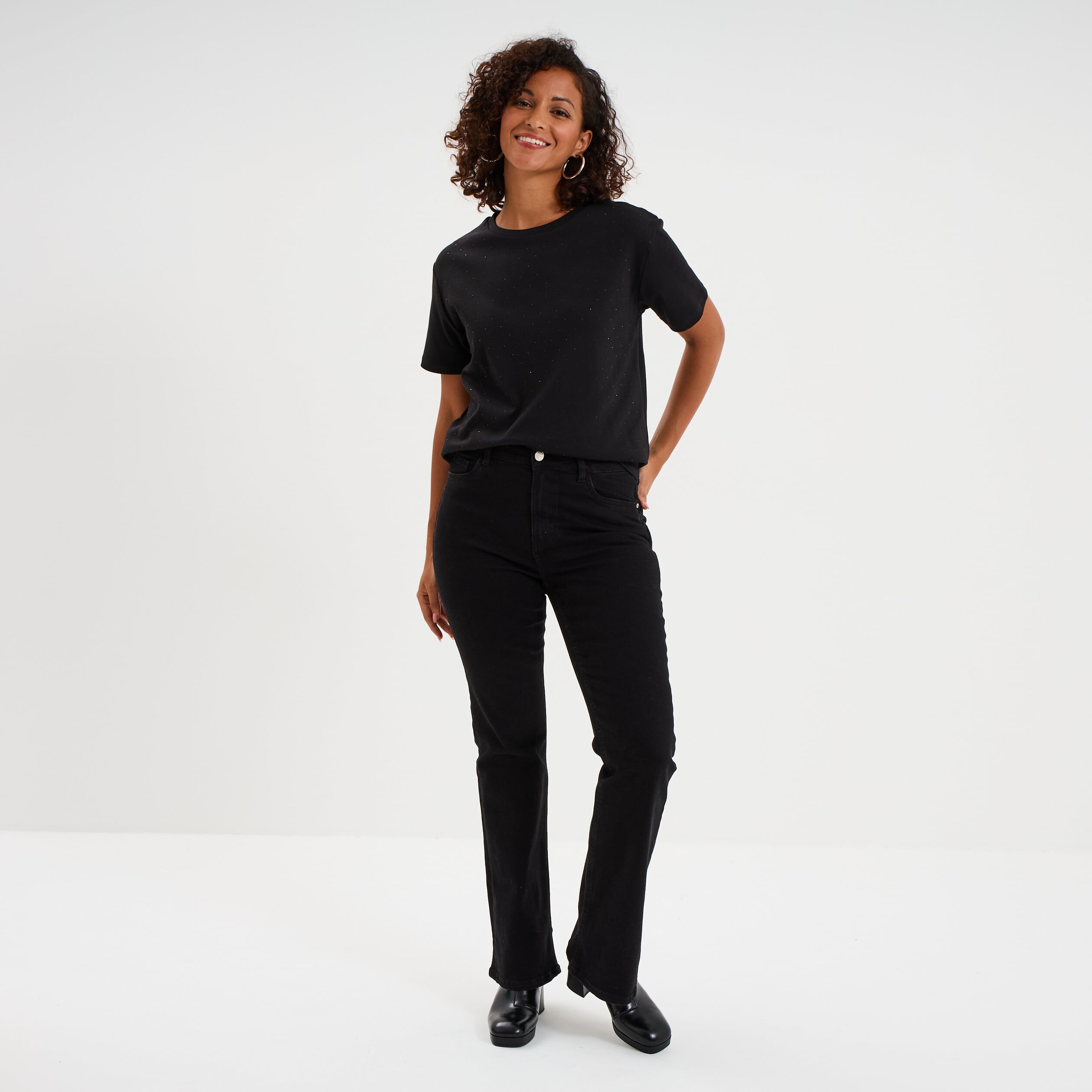 T-shirt &agrave; strass manches courtes coton noir femme