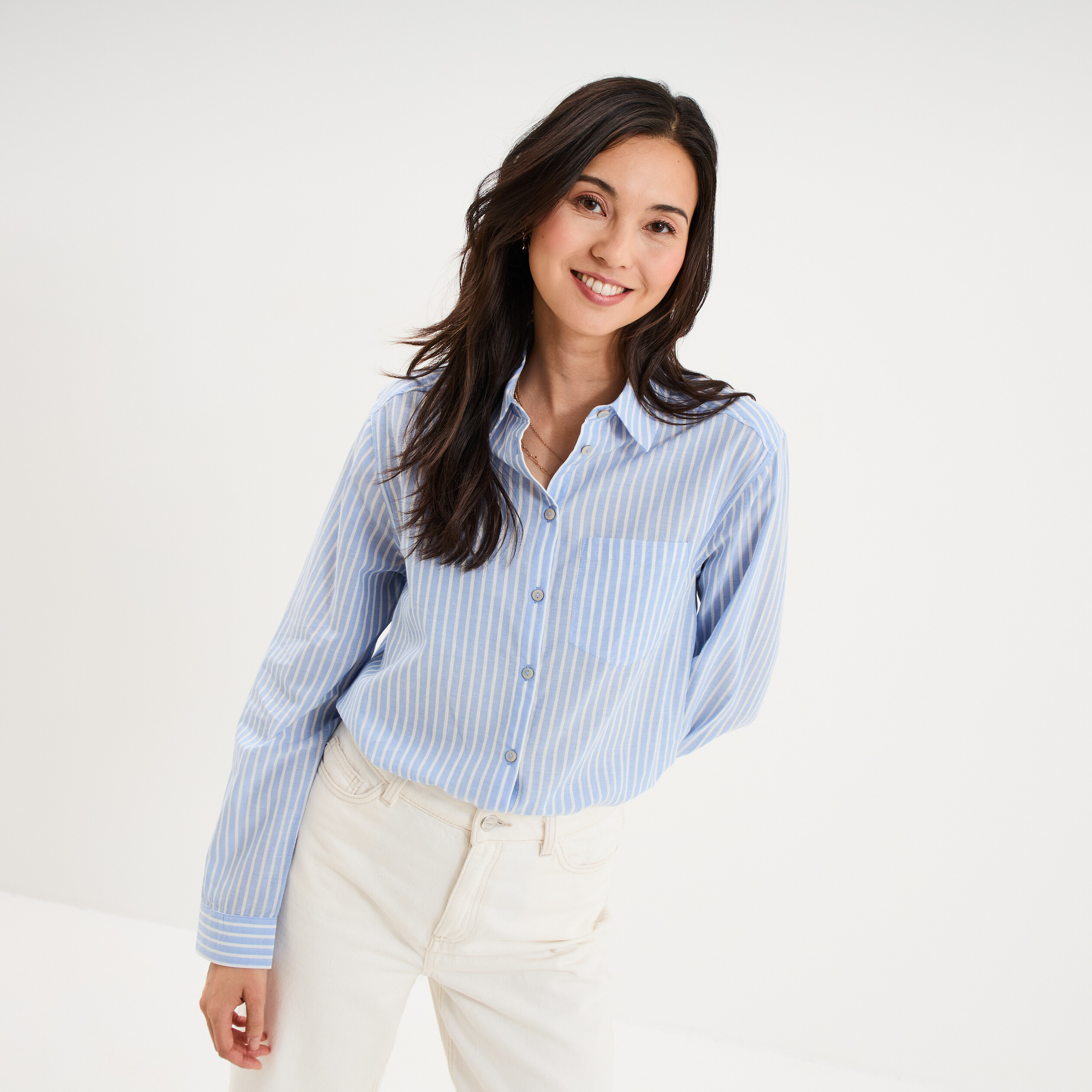 Chemise manches ajustables 1 poche coton bleu ciel femme