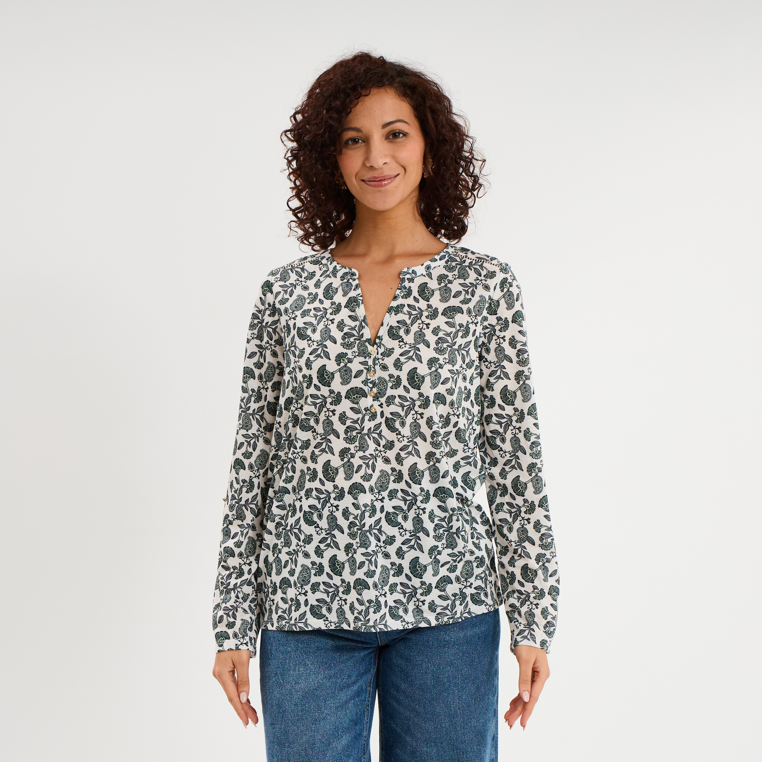 T-shirt col mao manches retroussables ecru femme