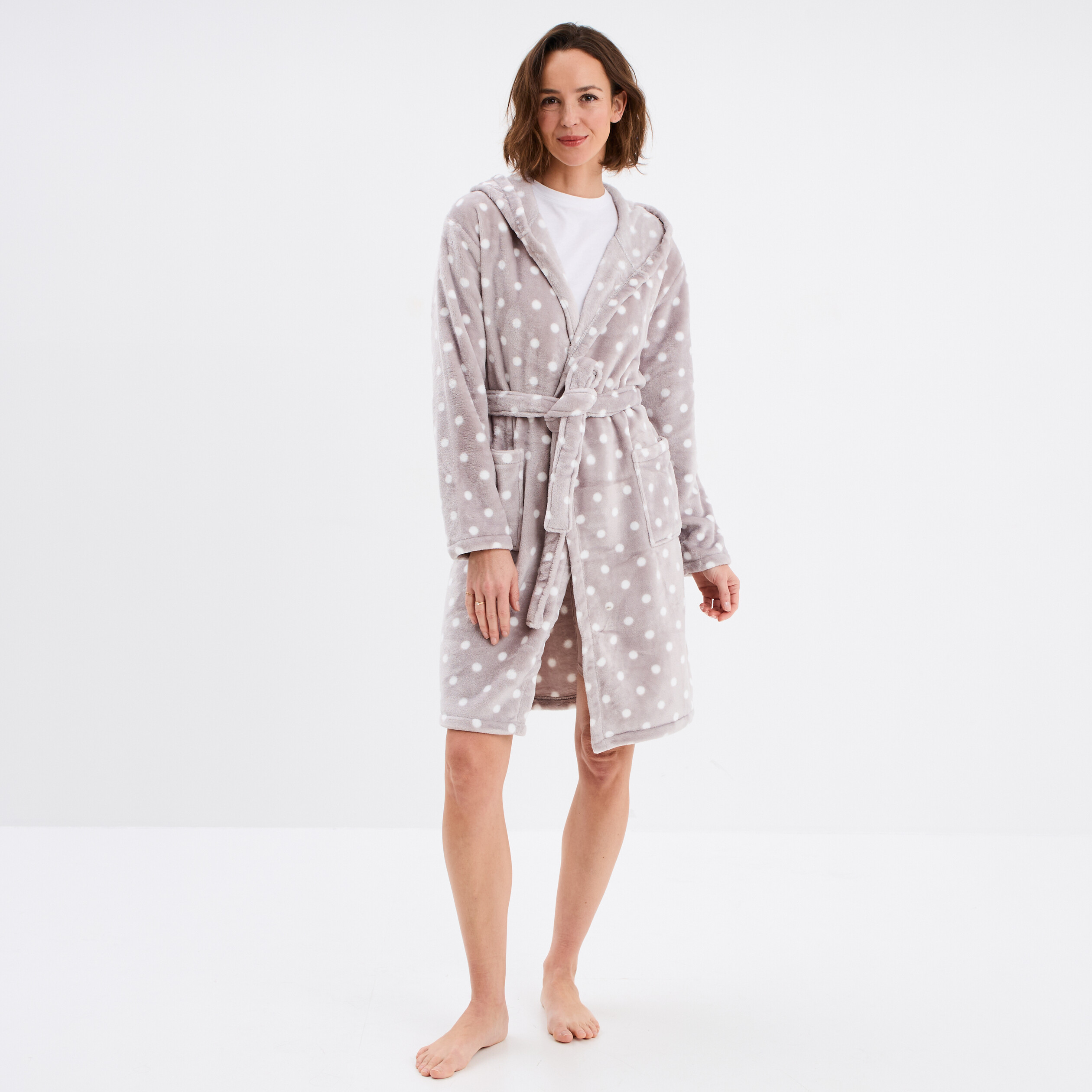 Peignoir long effet polaire à capuche gris femme