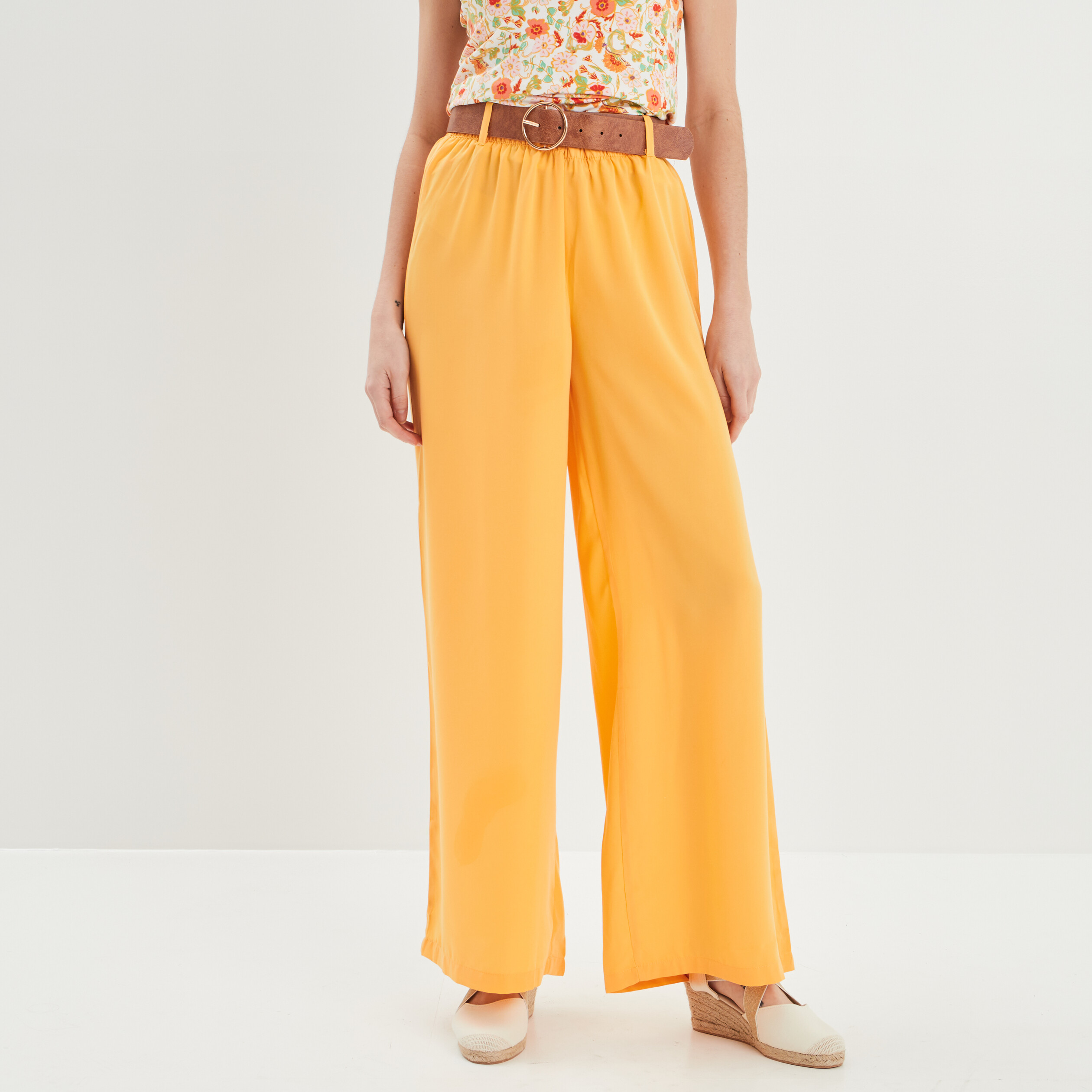 pantalon fluide taille haute ceinturee orange femme Pantalon fluide taille haute ceinturée orange femme