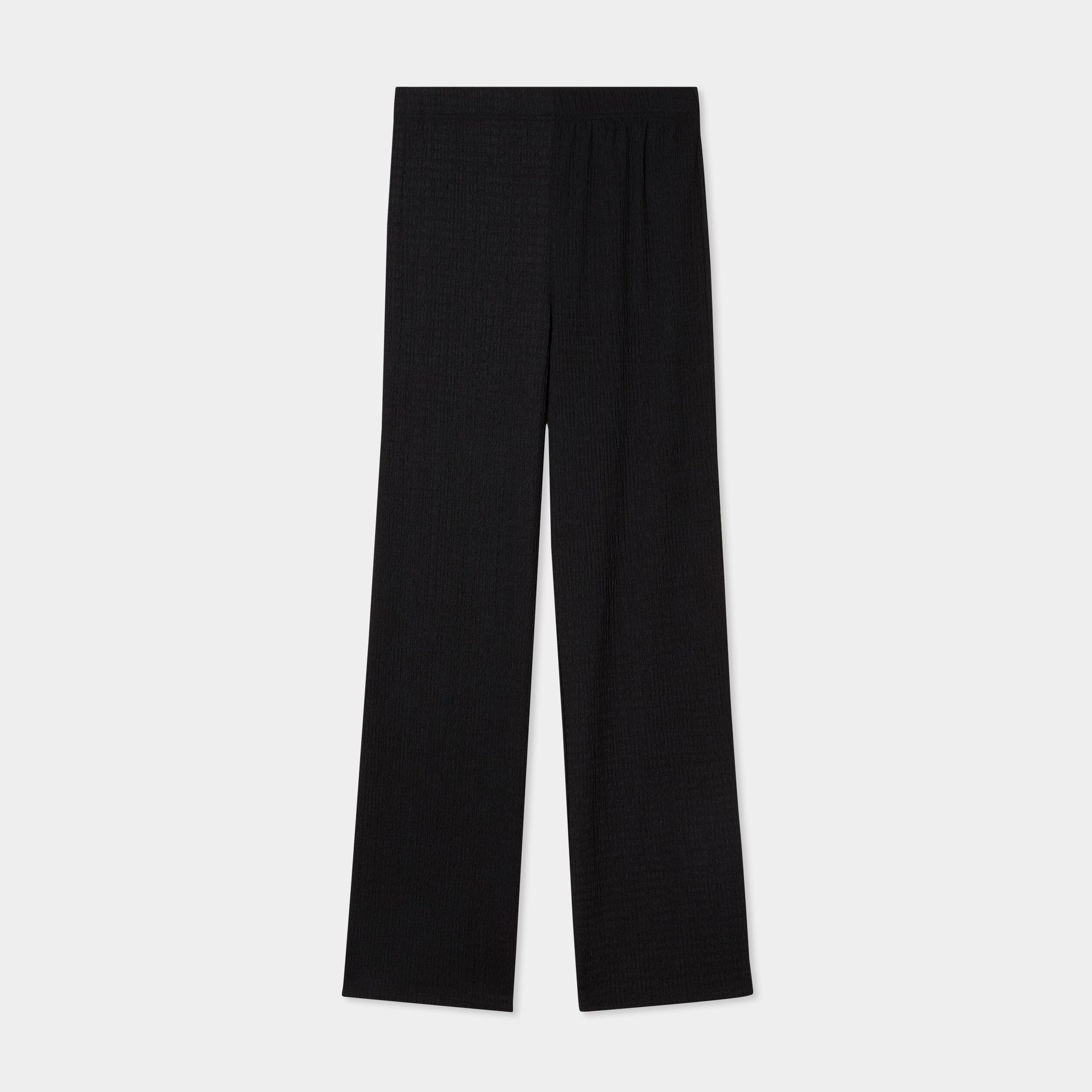 pantalon effet gaufre taille elastiquee noir femme Pantalon effet gaufré taille élastiquée noir femme