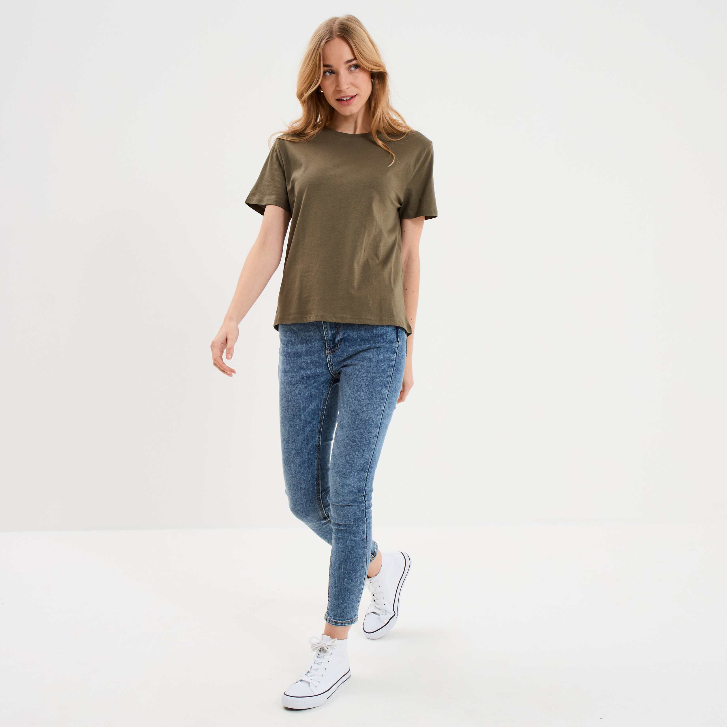 T-shirt col rond manches courtes coton vert kaki femme