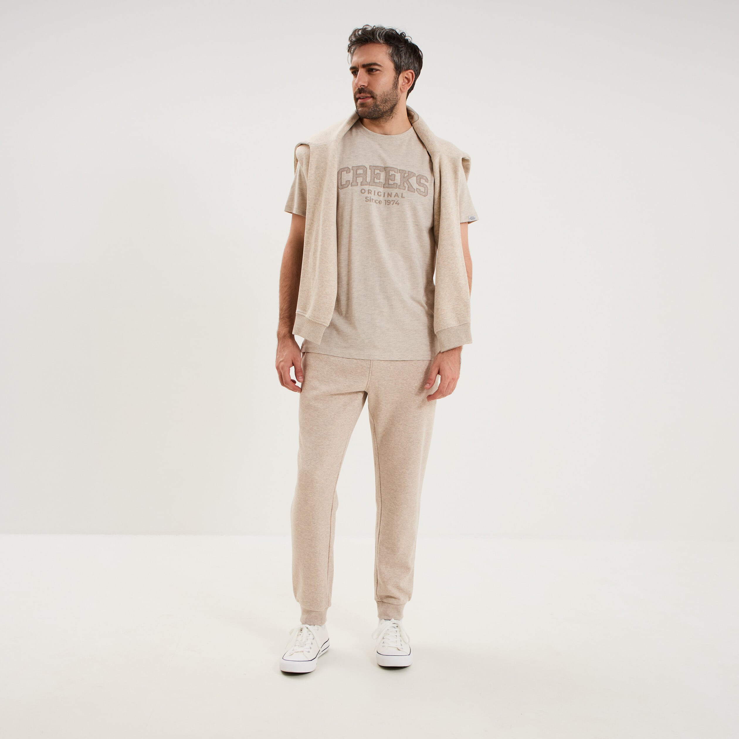 Pantalon jogging droit molleton beige homme