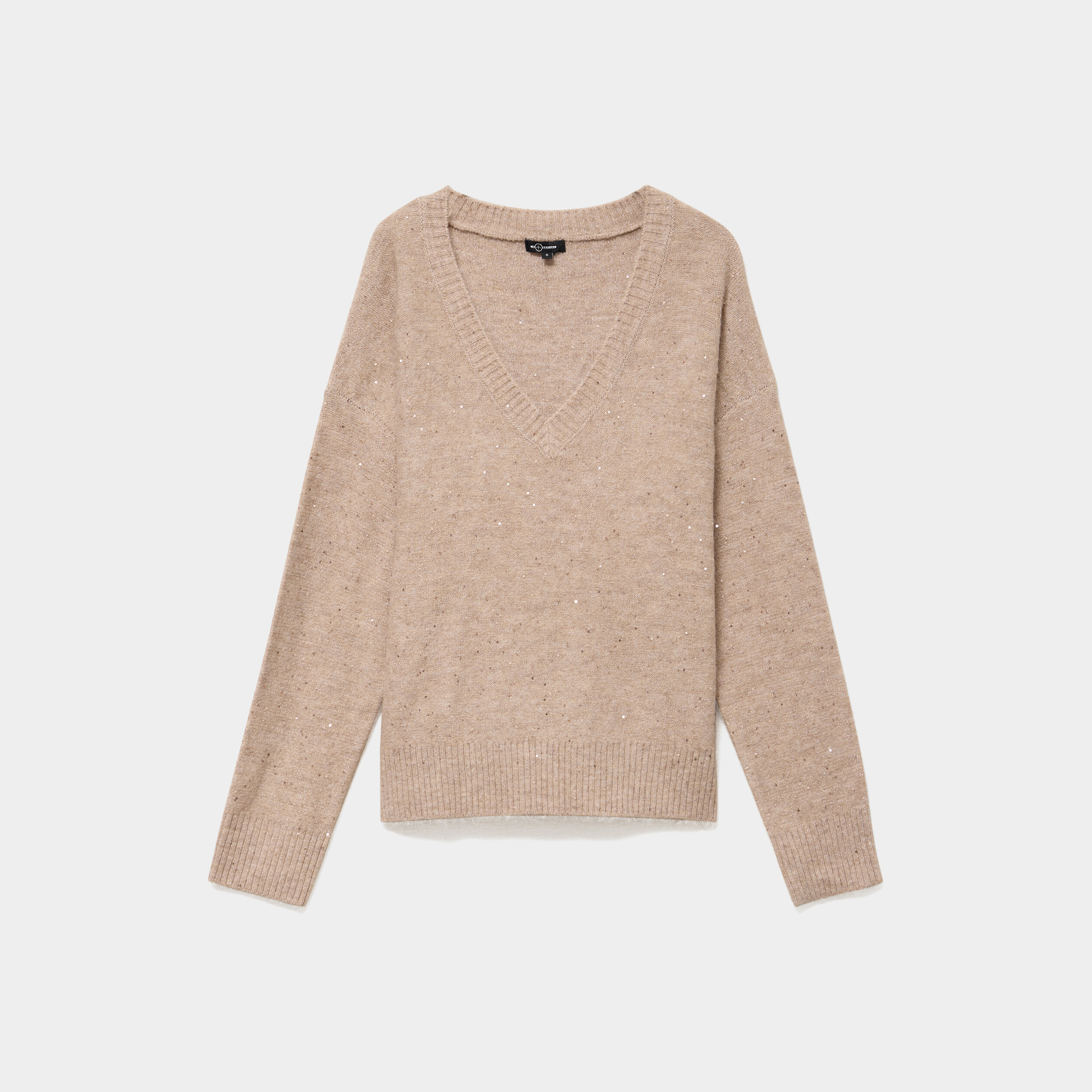 Pull droit &agrave; sequins et col en V beige femme