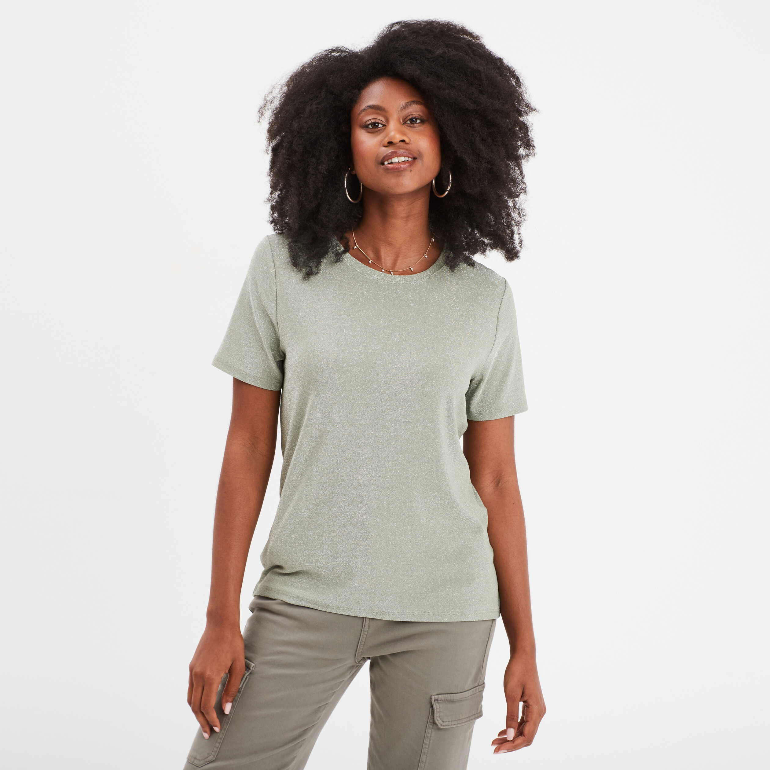 t shirt manches courtes fils metallises vert clair femme T-shirt manches courtes fils métallisés vert clair femme
