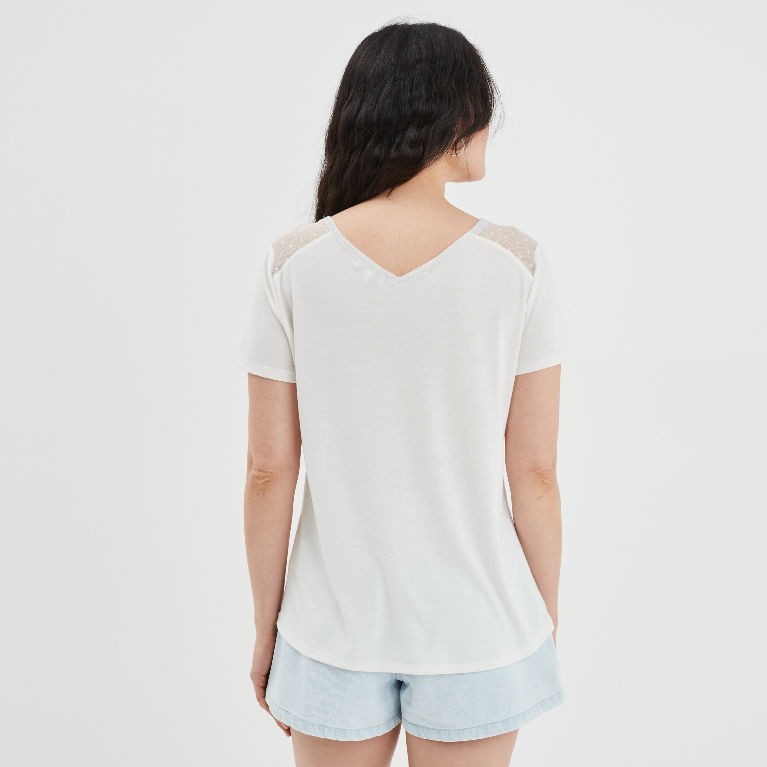 T-shirt manches courtes à col en V ivoire femme
