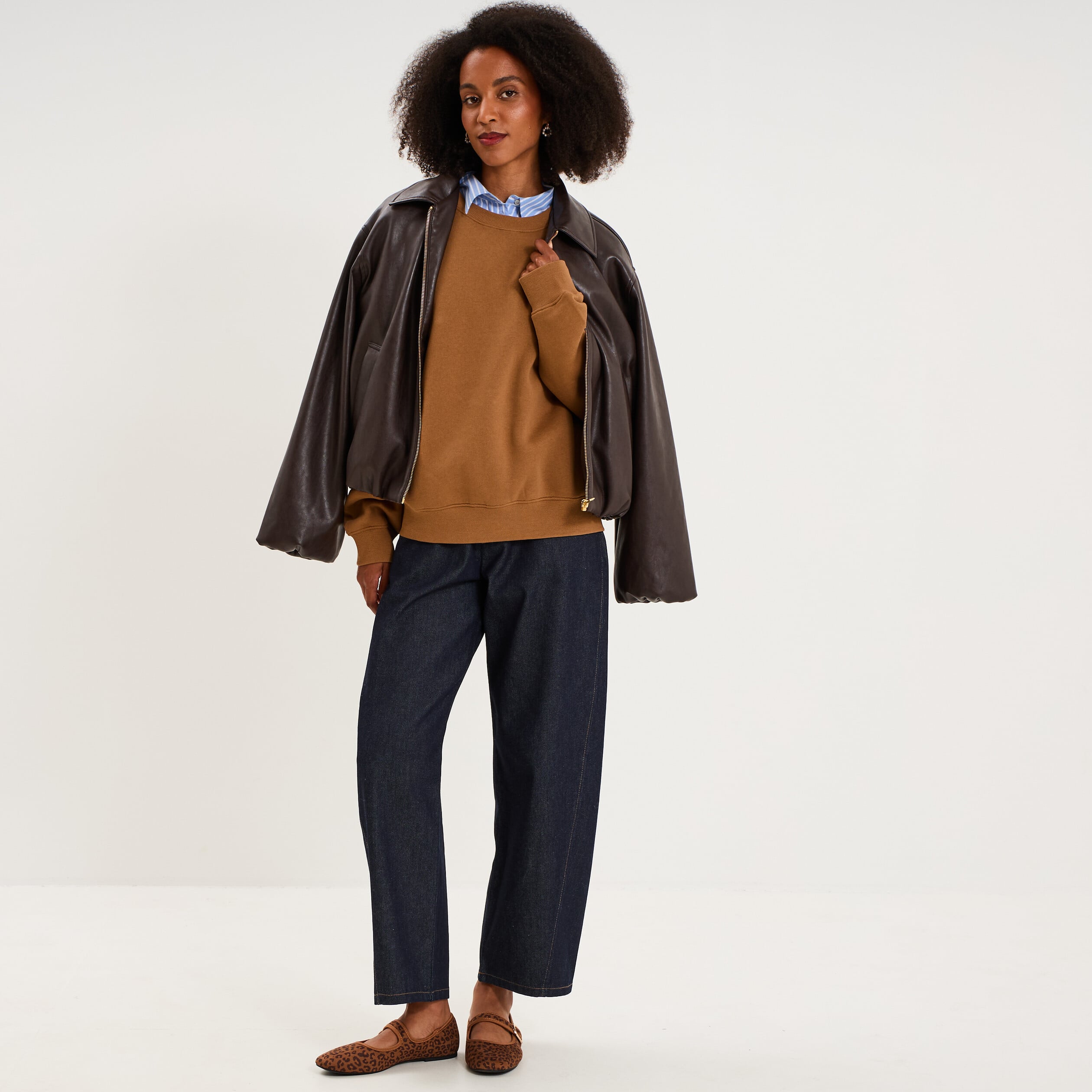 Sweat col rond oversize manches longues marron clair femme