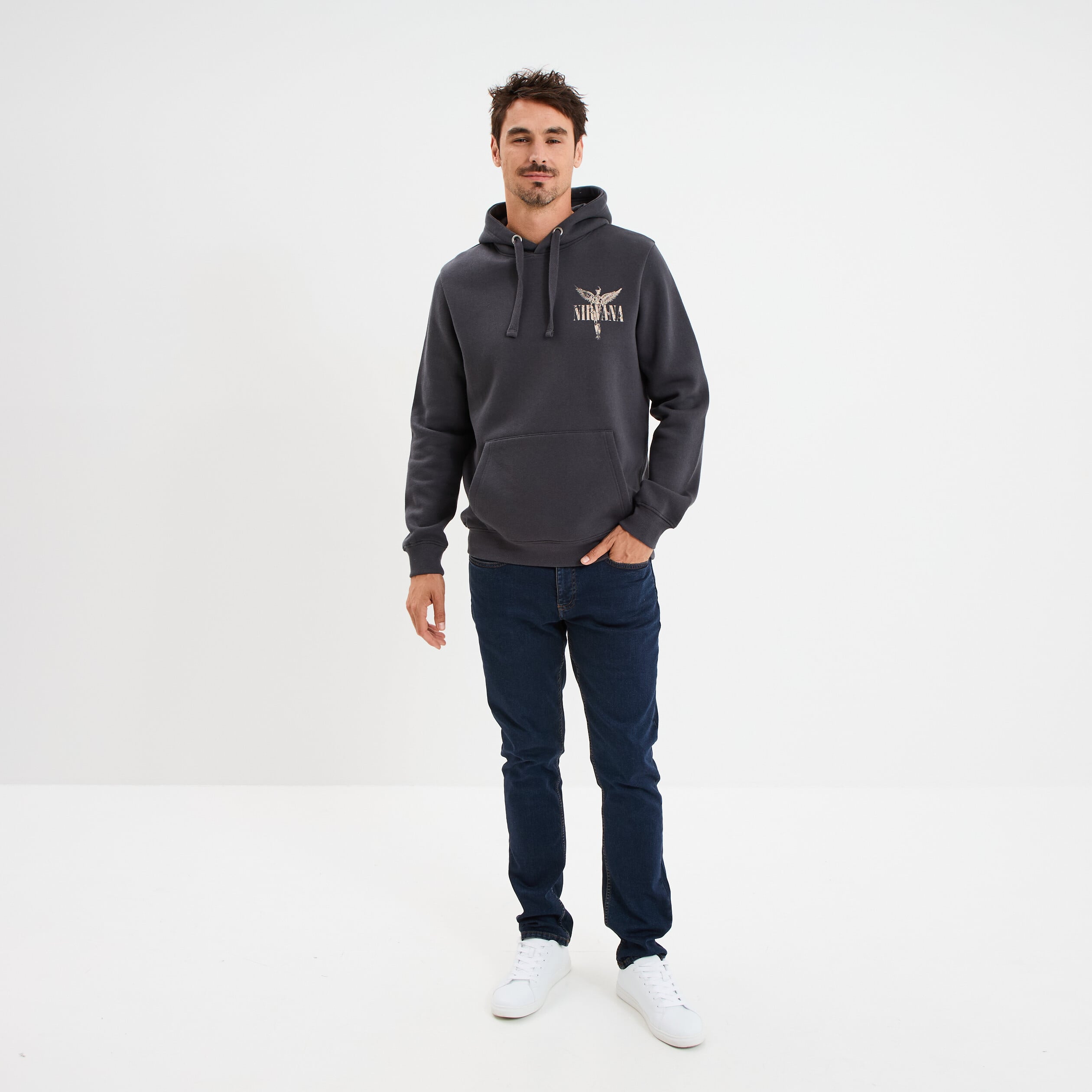 Sweat hoodie 1 poche Nirvana gris fonc&eacute; homme