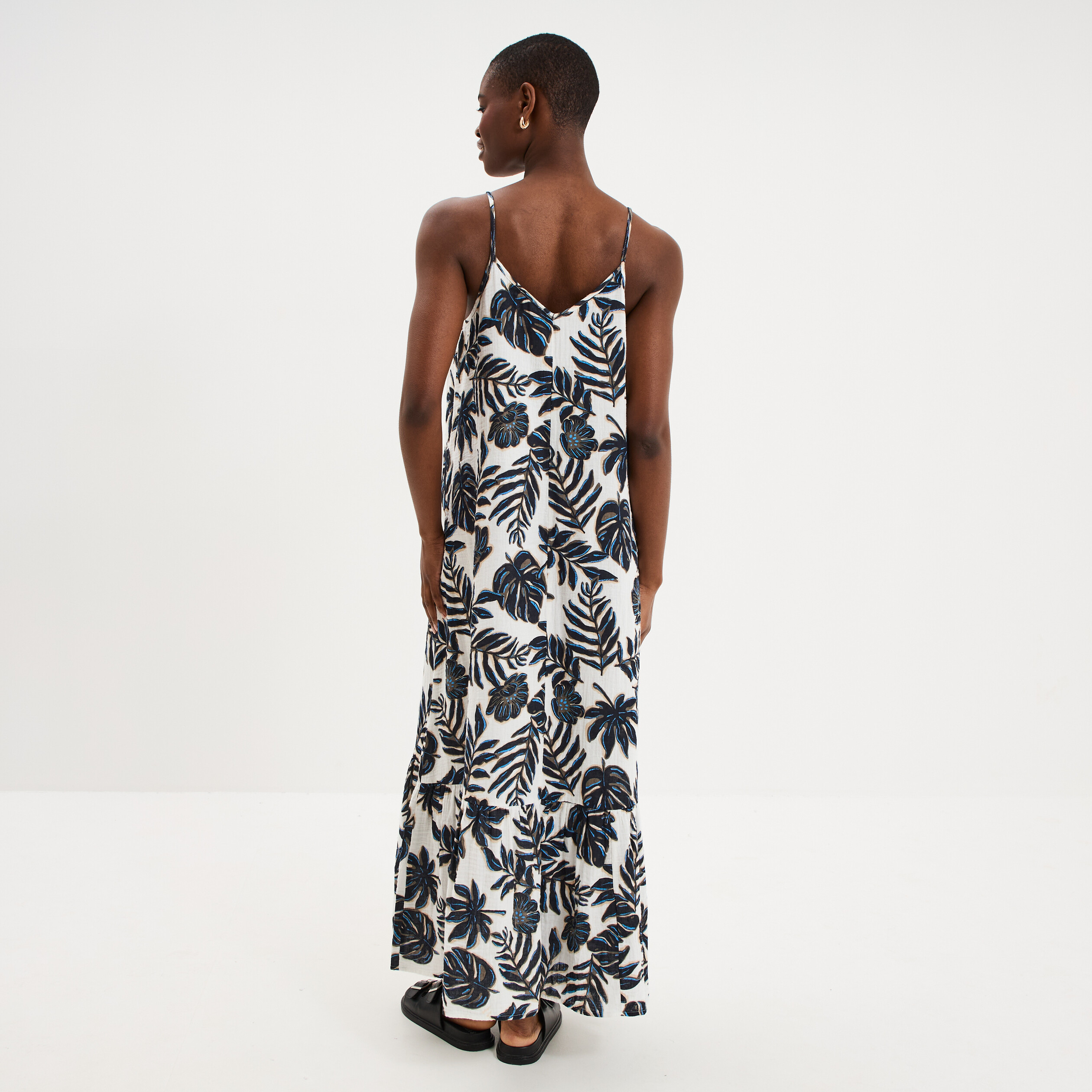 Robe longue &agrave; bretelles &eacute;vas&eacute;e coton ecru femme