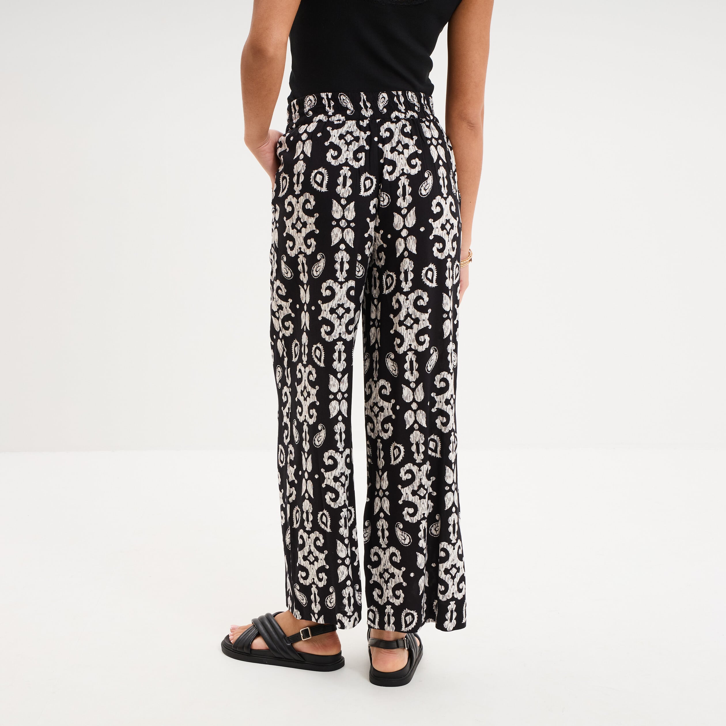 Pantalon fluide large taille &eacute;lastiqu&eacute;e noir femme