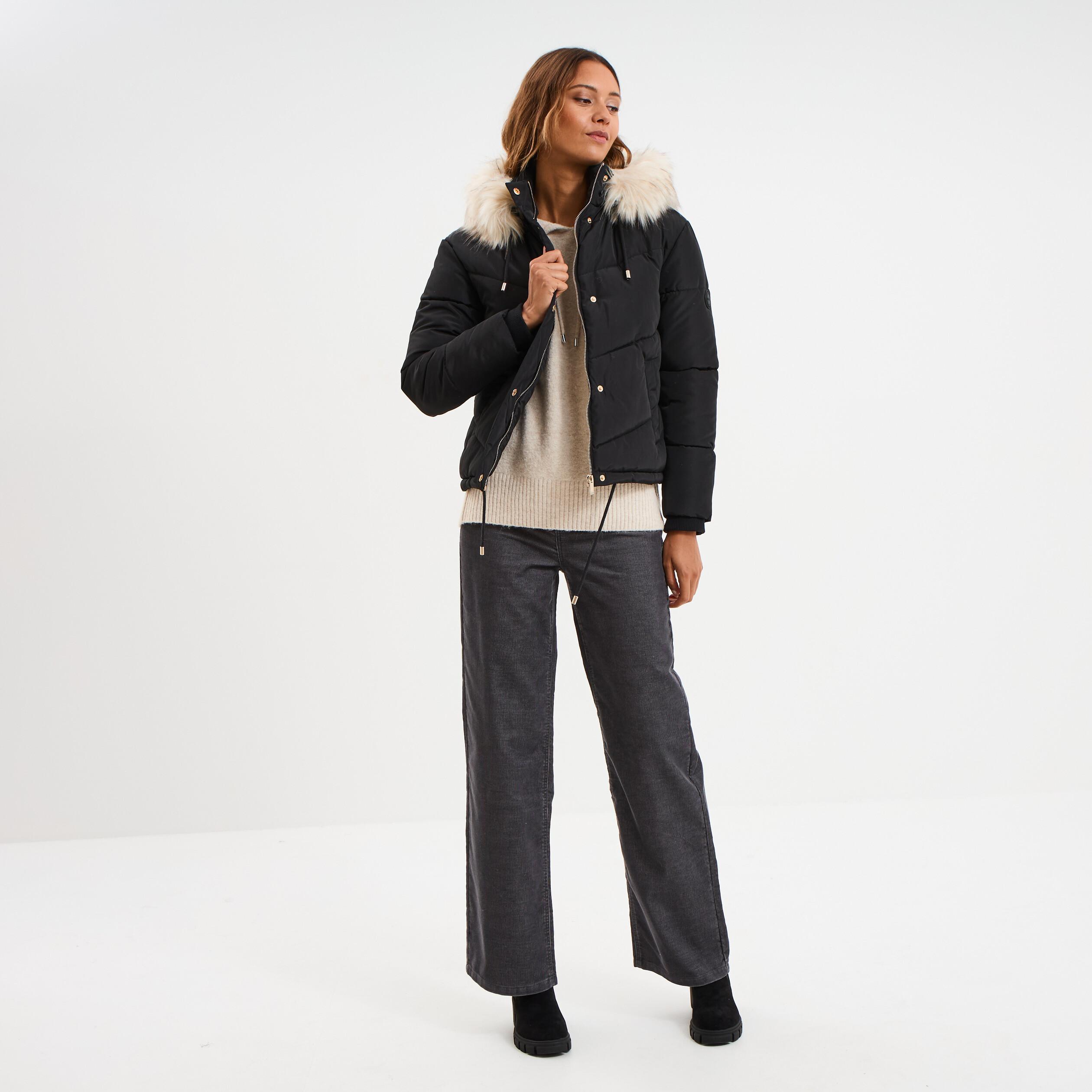 Doudoune doubl&eacute;e capuche fausse fourrure noir femme