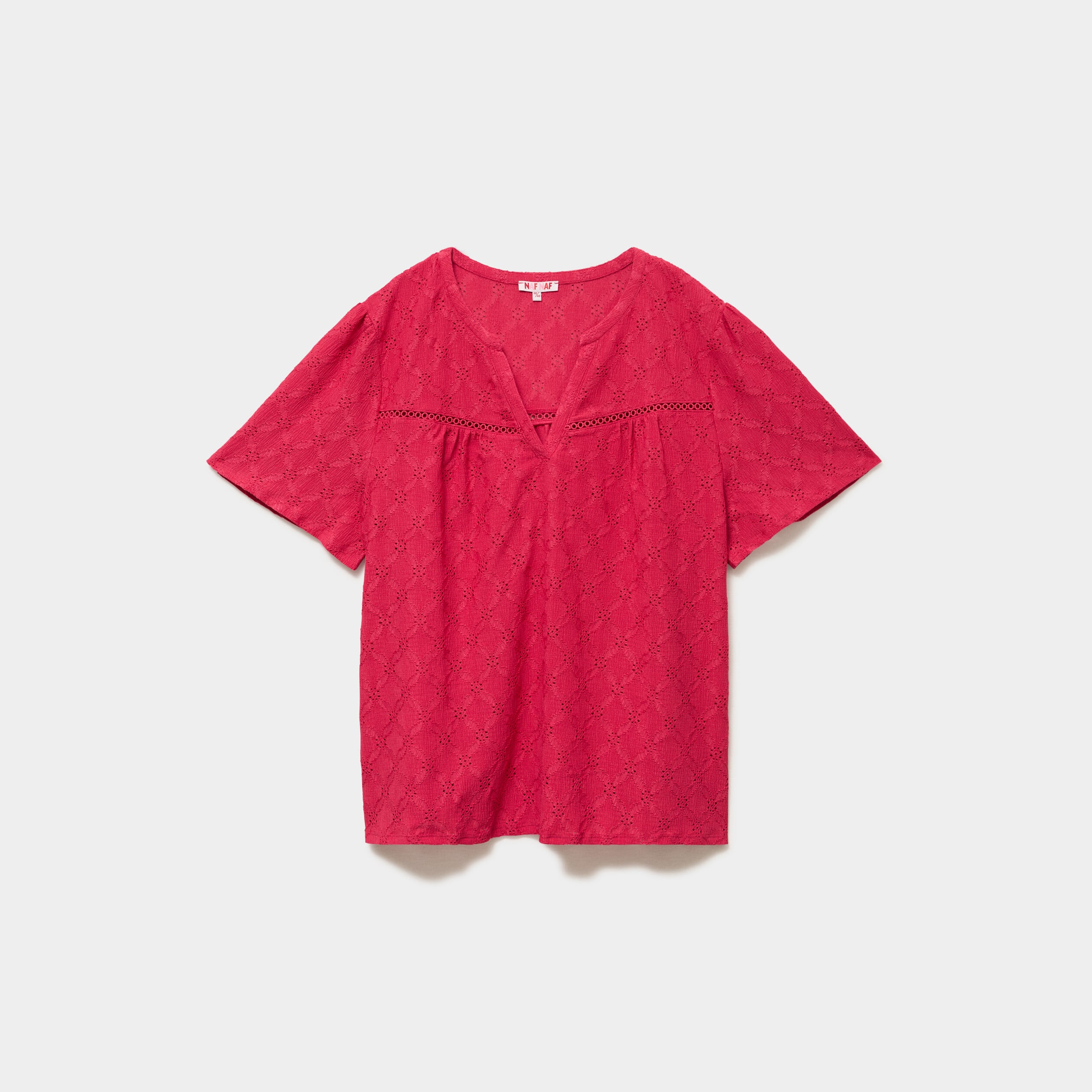 T-shirt broderie anglaise col tunisien rose cerise femme grande taille