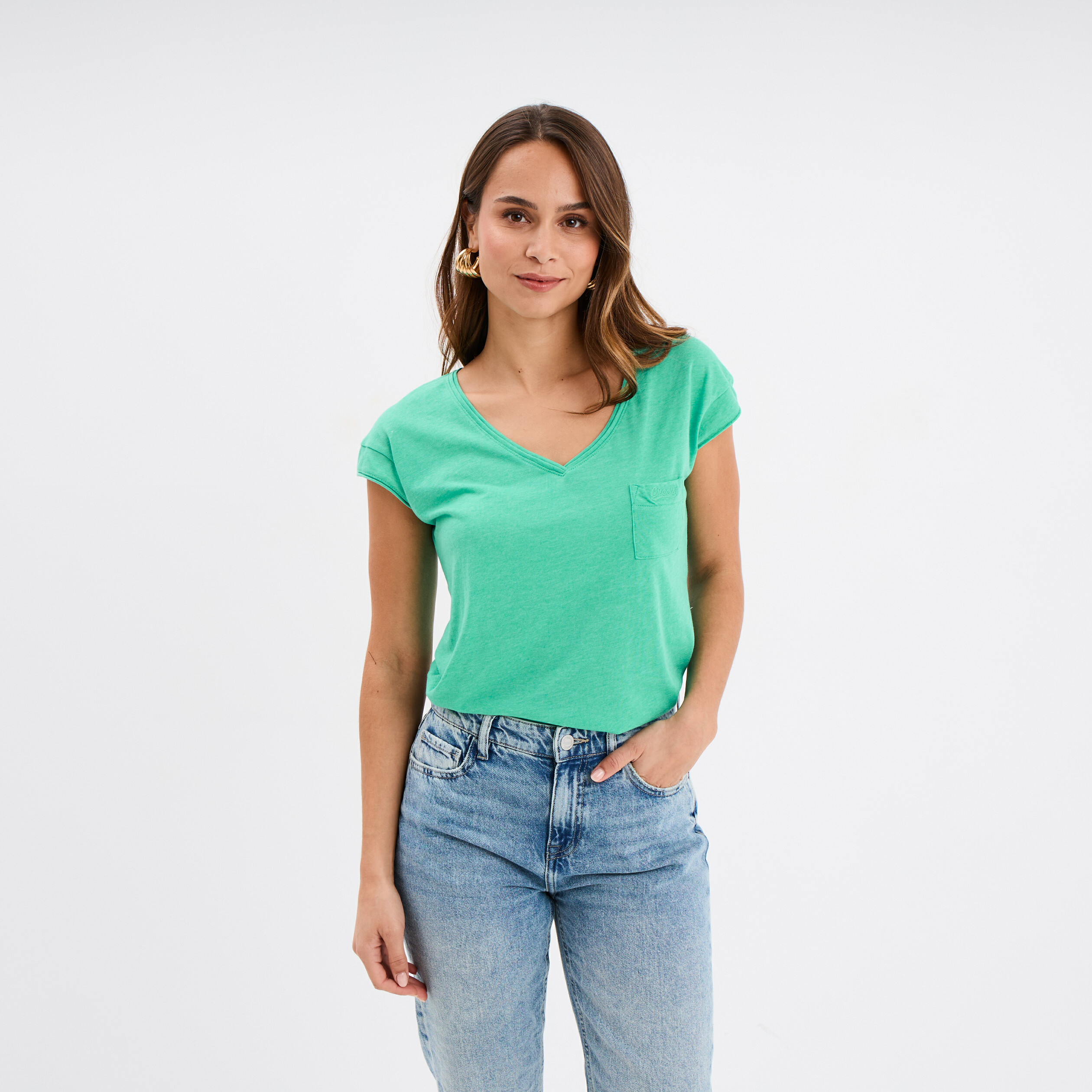 t shirt col v poche poitrine creeks vert menthe femme T-shirt col v poche poitrine Creeks vert menthe femme