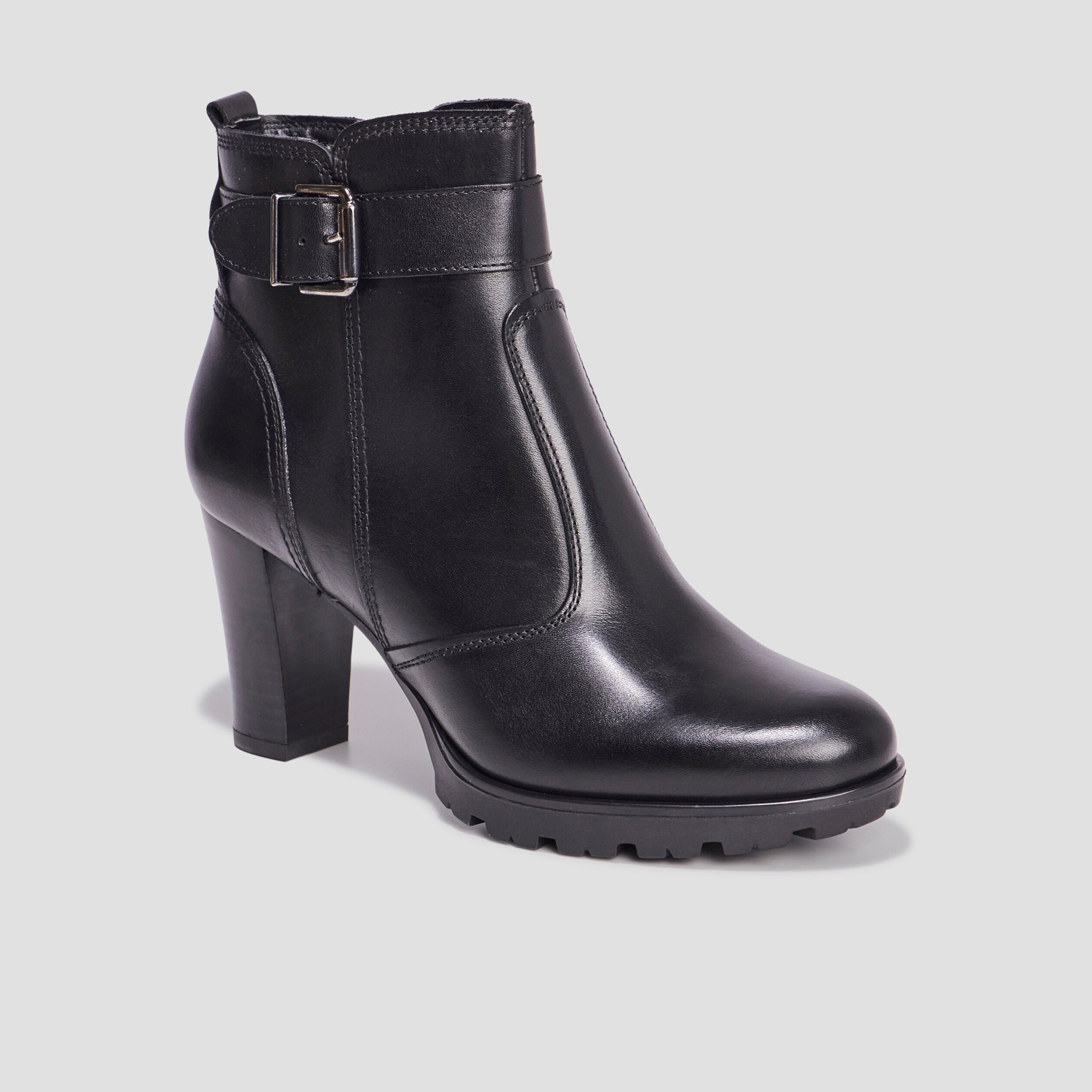 Bottines a talons avec boucles en cuir noir femme