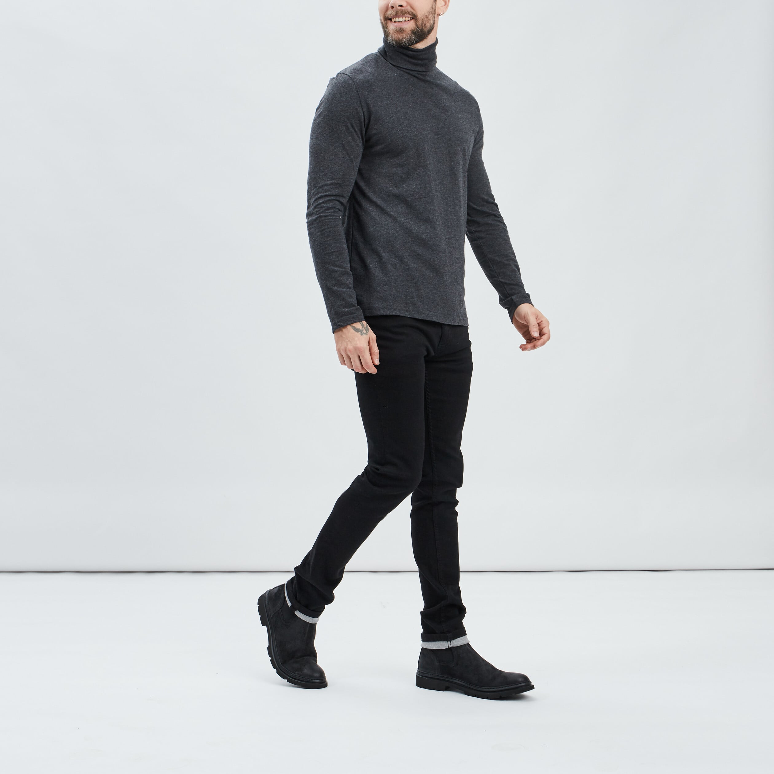 T-shirt col roul&eacute; manches longues gris fonc&eacute; homme