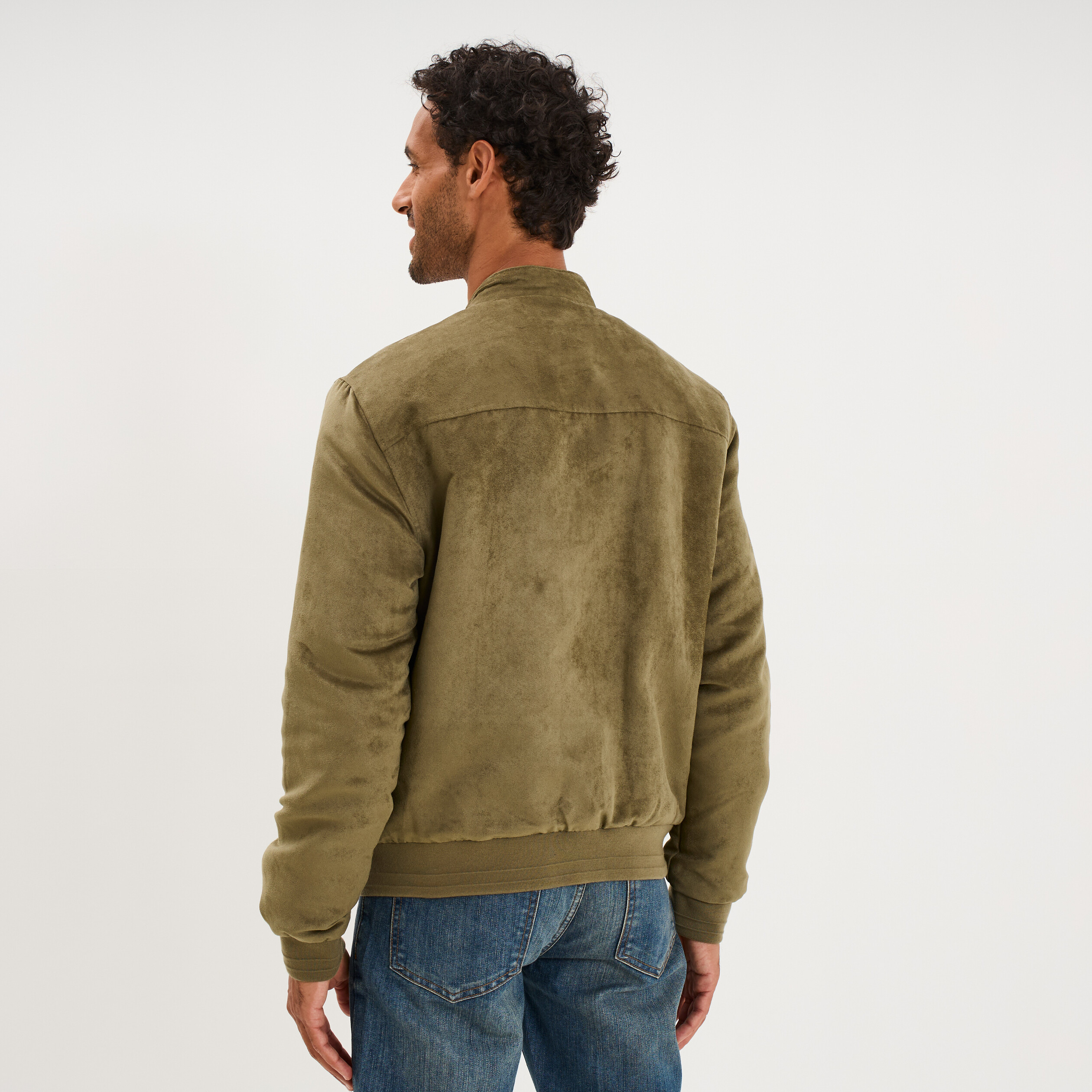 Blouson col biker en su&eacute;dine zipp&eacute; vert kaki homme