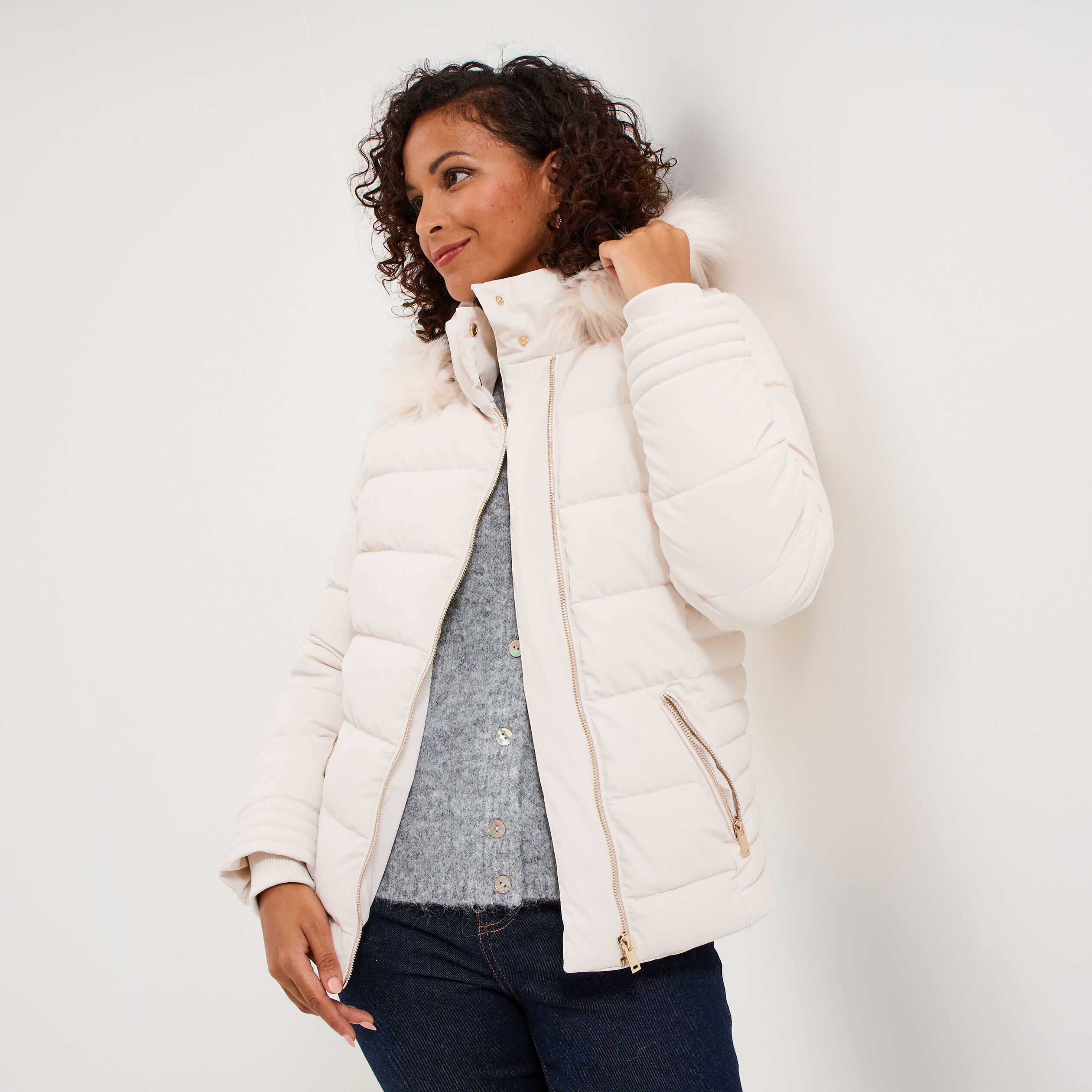 Doudoune simili cuir &agrave; capuche sable femme
