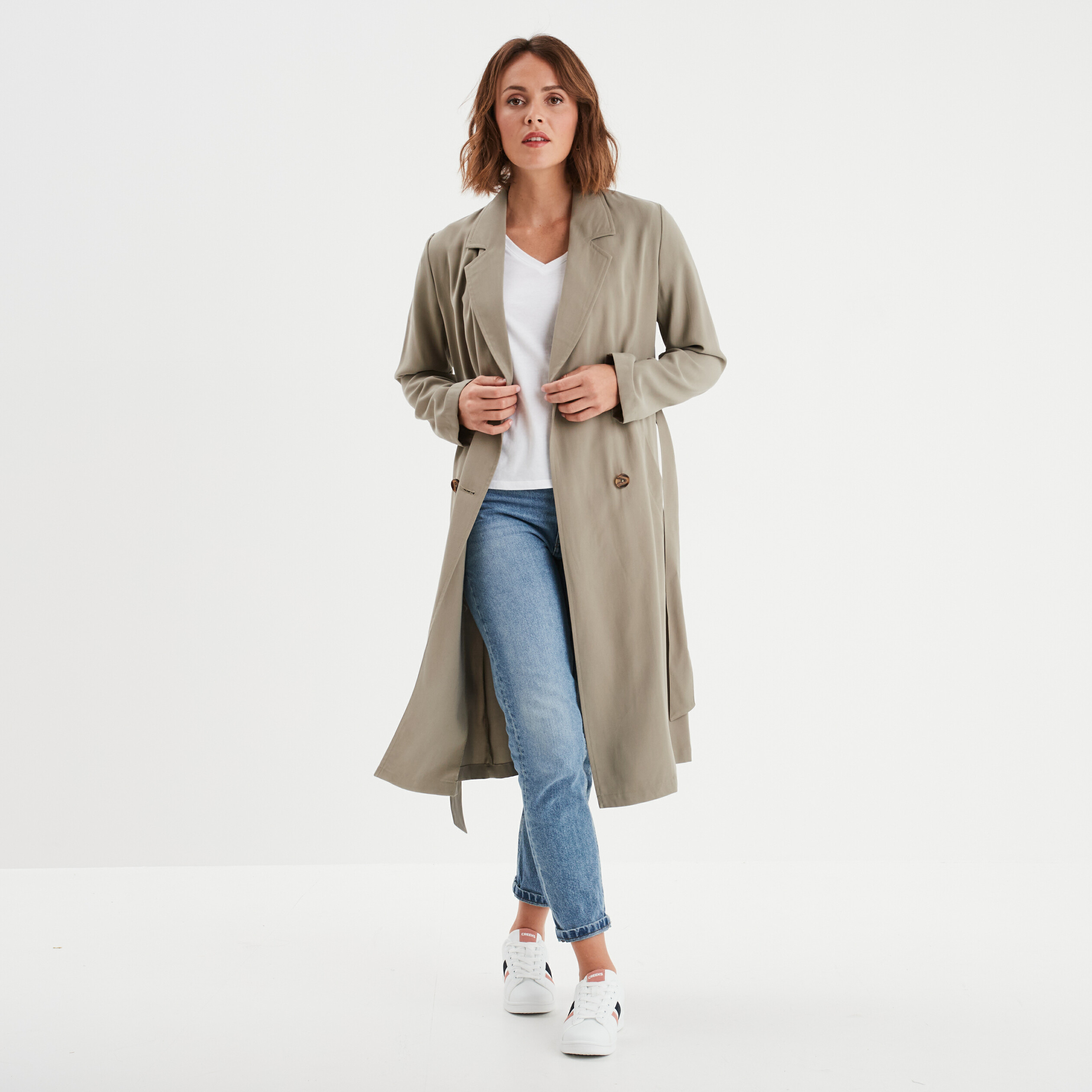 trench long fluide ceinture vert kaki femme Trench long fluide ceinturé vert kaki femme