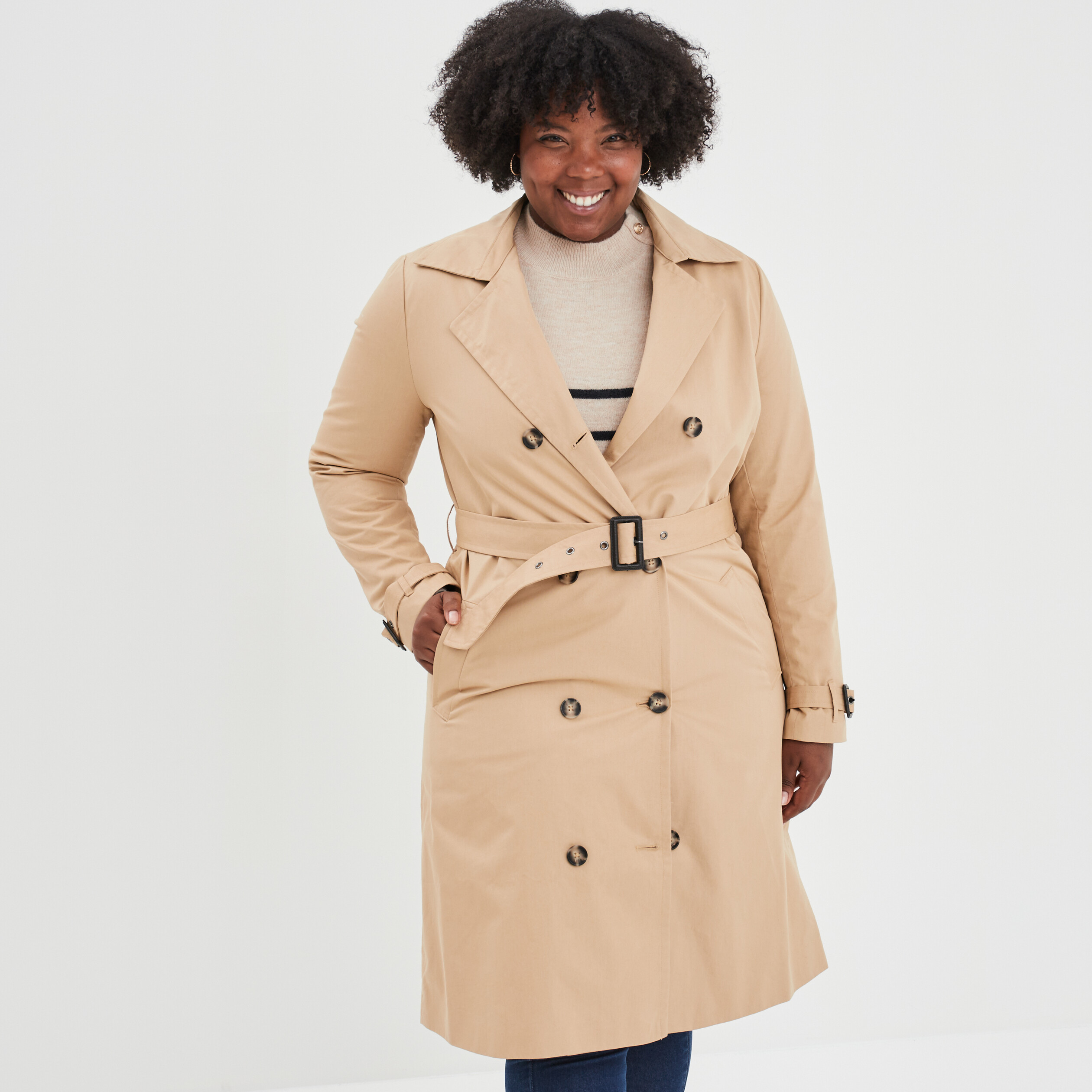 Trench long cintré ceinturé beige femme grande taille