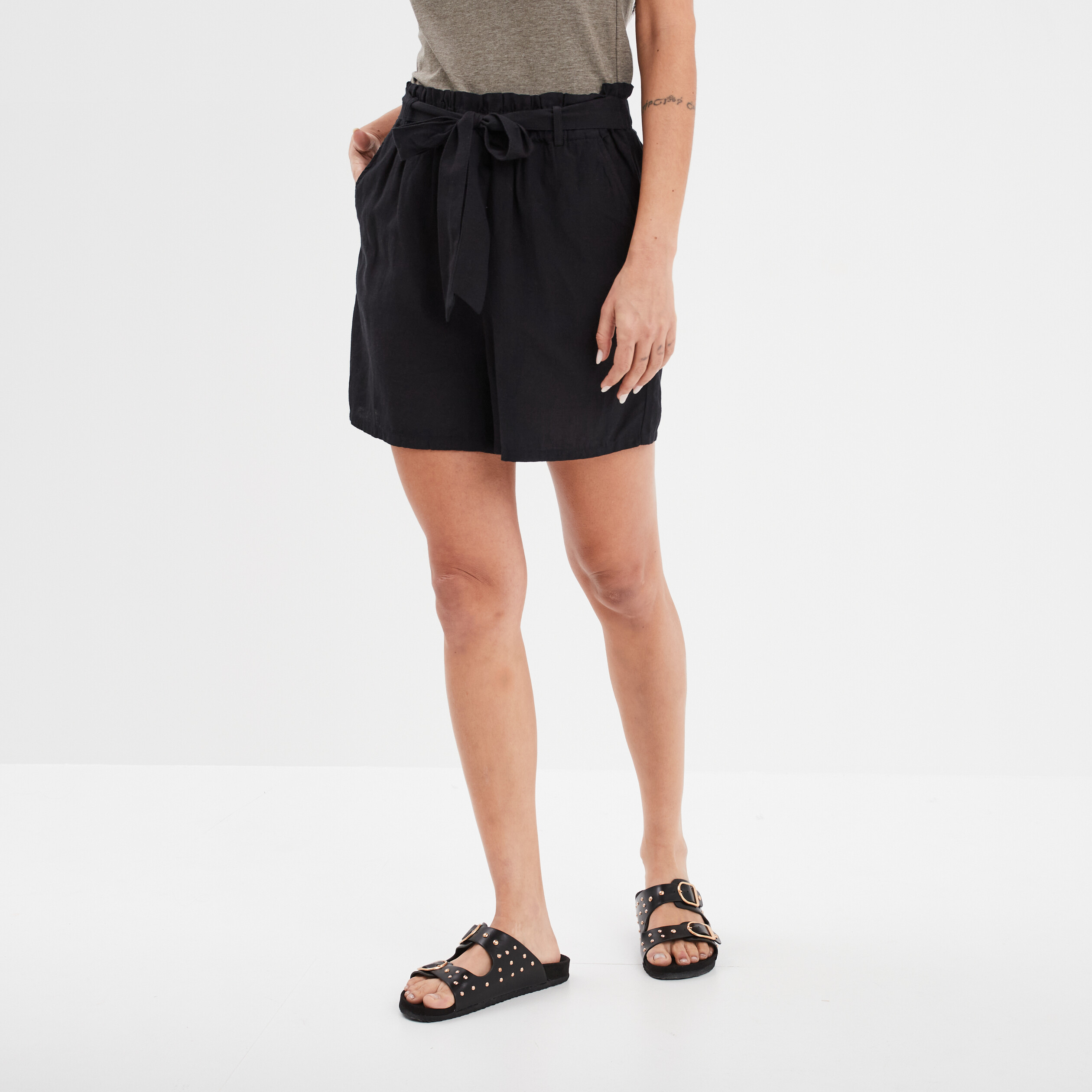 Short paperbag ceintur&eacute; lin m&eacute;lang&eacute; noir femme